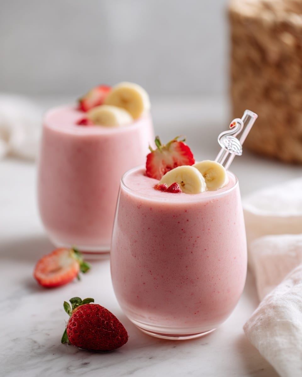 Two clear glasses filled with a light pink smoothie are shown on a white marbled surface. Each glass is topped with visible layers: slices of yellow banana and small red pieces of strawberries floating on the surface. The smoothie itself is textured but smooth, showing bits of strawberry inside. One glass is closer to the camera, and it has a clear stirring stick with a flamingo shape resting inside. In the background, there is a woven basket and a neatly folded beige cloth blurred out. photo taken with an iphone --ar 4:5 --v 7