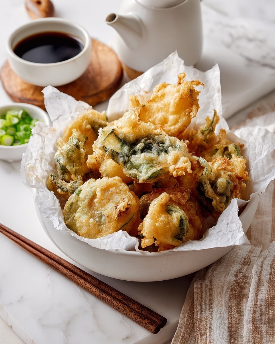 A white bowl holds a pile of light golden-brown fried items with a crispy, lumpy texture, some pieces showing small dark green bits inside. The bowl is lined with white crumpled parchment paper. To the right of the bowl, there is a round white cup filled with black coffee, and below the bowl, a pair of wooden chopsticks with textured brown grips rest on a white marbled surface. In the top left corner, a white teapot with a lid sits on a small wooden coaster, and there is part of a beige and white striped cloth nearby. At the bottom left, a small white bowl contains chopped green onions, all arranged neatly on the white marbled background photo taken with an iphone --ar 4:5 --v 7
