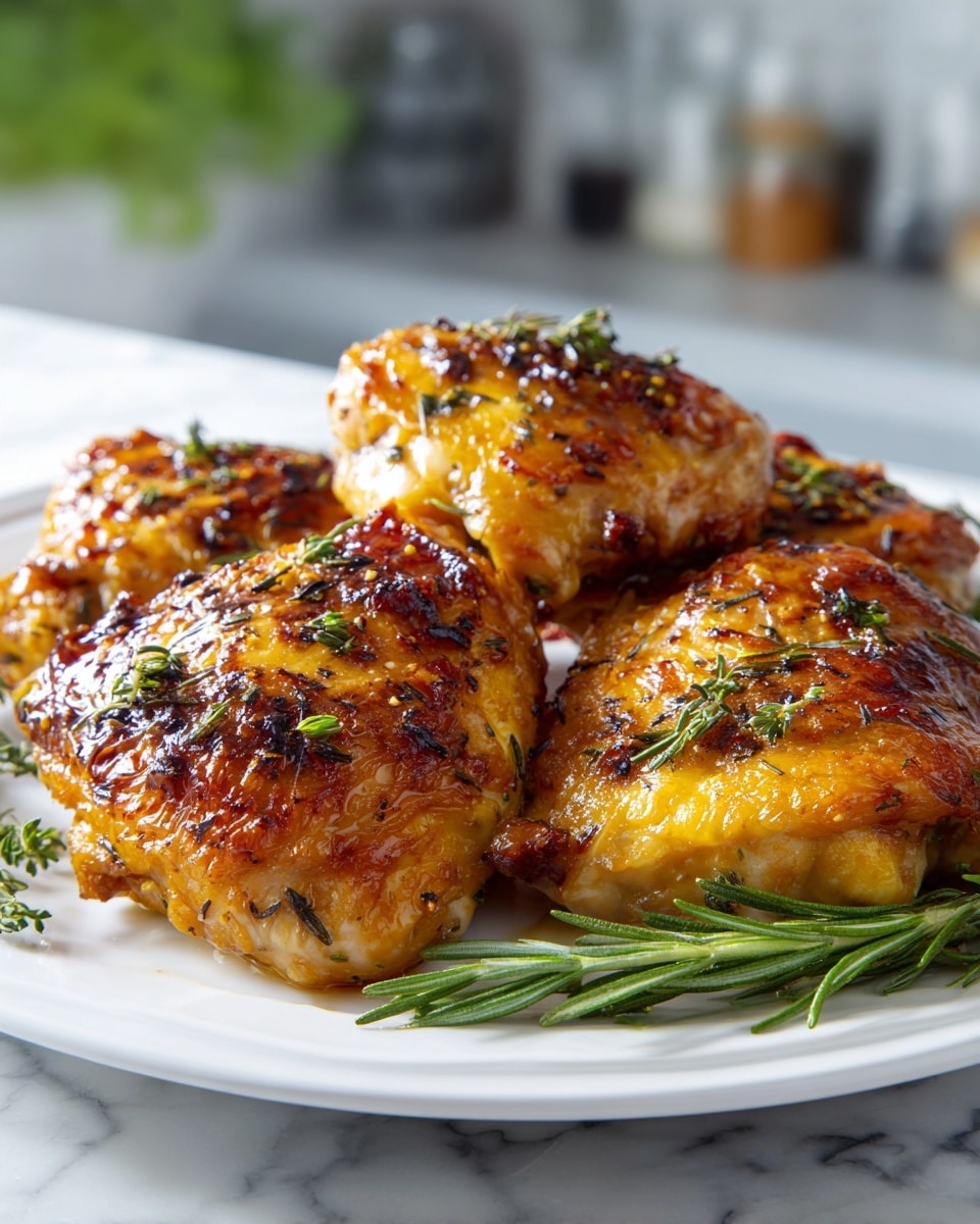 A white plate holds five pieces of cooked chicken with a golden-brown crispy top layer, showing slight charring and sprinkled with fresh chopped green herbs. Each piece has a creamy melted cheese layer underneath the browned crust, creating a rich, textured look with some sauce pooling lightly around the bottom. A small sprig of rosemary rests on top of the chicken pieces, adding a fresh green contrast. The plate sits on a white marbled surface, with a softly blurred kitchen background. Photo taken with an iphone --ar 4:5 --v 7