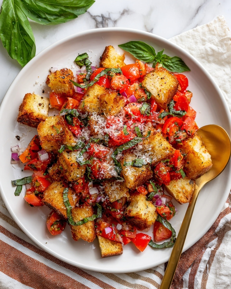 The dish is served in a white plate on a white marbled surface, showing multiple layers of chopped bright red tomatoes mixed with small pieces of purple-red onion and scattered green herb leaves. On top, there are golden, toasted croutons uneven in shape and size with a crispy texture, sprinkled with finely grated white cheese. Near the edge, a spoon with a golden handle rests among the ingredients, and some fresh green basil leaves add a splash of color. The whole dish looks fresh and colorful with a mix of soft, juicy, and crunchy textures. photo taken with an iphone --ar 4:5 --v 7