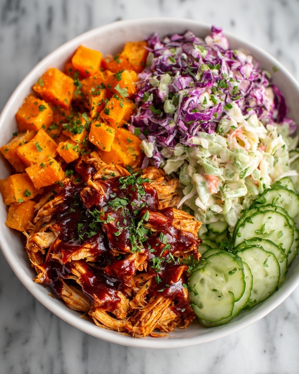 A white bowl filled with four sections of food arranged neatly. The bottom left section has shredded grilled chicken covered with a shiny dark red barbecue sauce and sprinkled with small green herb bits. The top right section shows bright orange roasted sweet potato cubes, with a slightly rough texture and a sprinkle of green herbs. The top left section contains creamy coleslaw made of shredded white and light purple cabbage mixed with a white dressing and sprinkled with green herbs. The bottom right section has fresh cucumber slices with smooth, light green centers and darker green edges, also topped with small green herbs. The bowl sits on a white marbled surface. photo taken with an iphone --ar 4:5 --v 7