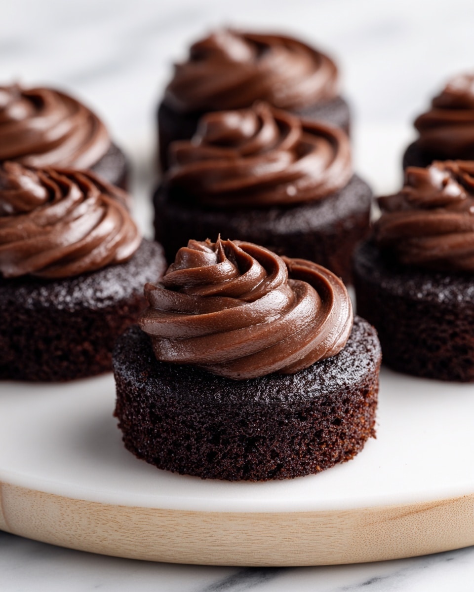 There are several small, round chocolate cakes on a white plate with a light wood edge, placed on a white marbled surface. Each cake has two layers: a dark brown, soft, crumbly cake base and a glossy, smooth swirl of chocolate frosting on top. The frosting is rich and shiny, adding a creamy contrast to the textured cake. The cakes are arranged closely in neat rows, creating a pleasing pattern. Photo taken with an iphone --ar 4:5 --v 7