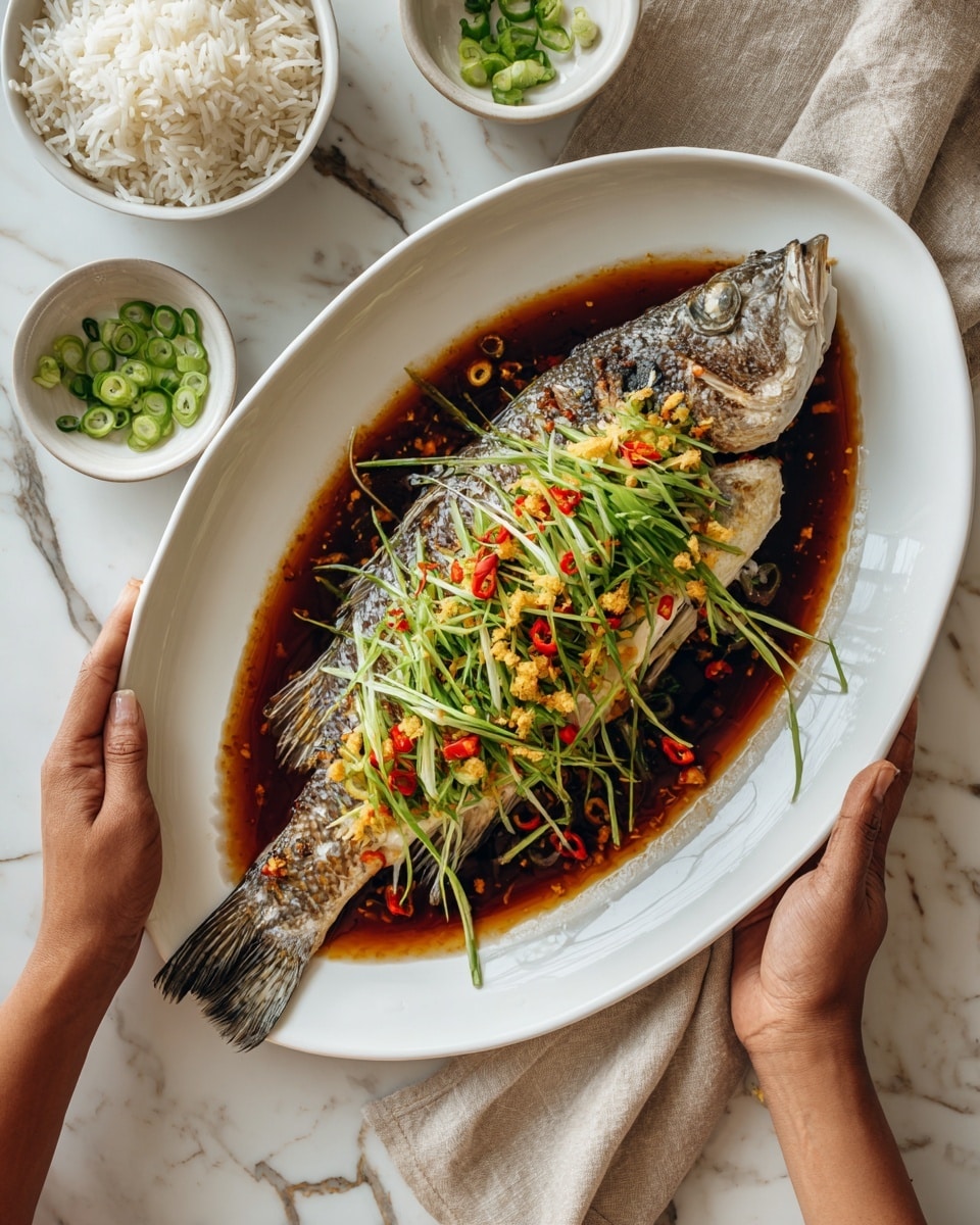 A whole cooked fish lies on a white fish-shaped plate, covered with bright green thinly sliced scallions, red chili strips, and yellow ginger strips arranged in layers across the top. The fish rests in a dark brown soy sauce broth that pools around its base, highlighting the light-colored cooked fish skin with some visible texture. A woman's hand is holding the plate at both ends. In the background on a white marbled surface, there is a white bowl full of white rice and a small white bowl filled with extra green scallions. A beige cloth napkin is casually placed near the bowls. photo taken with an iphone --ar 4:5 --v 7