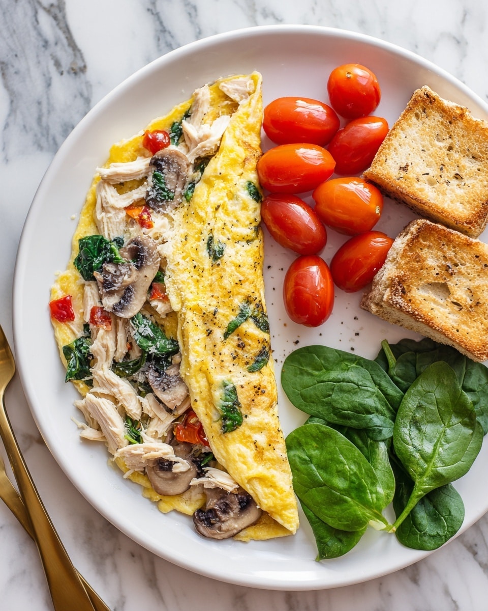 A white plate holds a folded yellow omelet filled with white shredded chicken, dark brown sliced mushrooms, green spinach leaves, red cherry tomato pieces, and white shredded cheese, with the filling visible along the open edge of the omelet. To the right of the omelet, there are fresh green spinach leaves, and above them, two pieces of toasted brown bread. Above the omelet, several whole and halved bright red cherry tomatoes are arranged. The plate rests on a white marbled surface. photo taken with an iphone --ar 4:5 --v 7