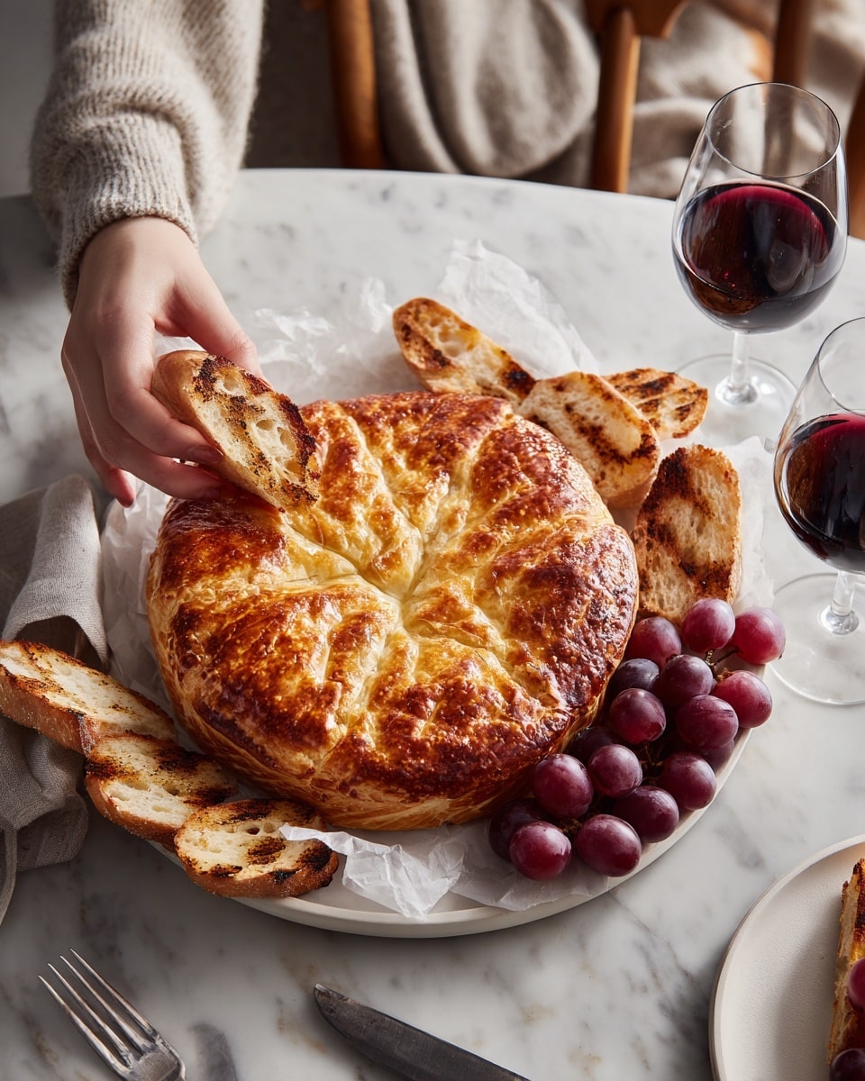 A round golden-brown baked pastry sits in the center of a round white plate lined with white parchment paper, with a shiny, slightly cracked surface and decorative small dough shapes on top. Around the pastry, there are grilled slices of toasted bread with a light golden color and visible grill marks, fanning out in a circle. Two clusters of small, red grapes with a mix of dark and light shades are placed near the bottom side of the plate. The plate rests on a white marbled surface, with a glass of red wine partially visible at the top and bottom edges. photo taken with an iphone --ar 4:5 --v 7