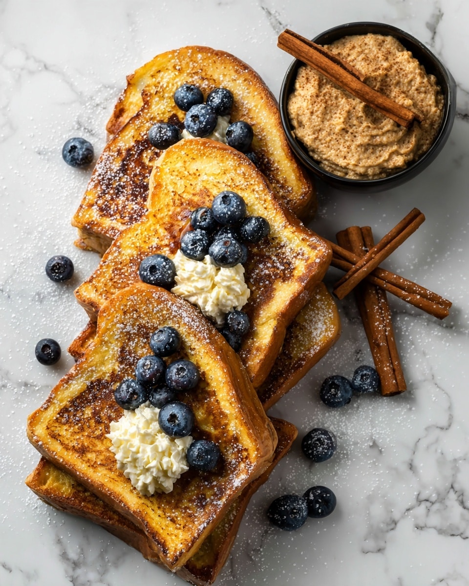 The image shows six pieces of golden brown French toast arranged closely on a white marbled surface, each piece sprinkled lightly with powdered sugar. Some pieces have a dollop of smooth, creamy white butter on top, accompanied by several fresh, plump blueberries scattered around and on the toast. To the side, there is a small black bowl filled with a thick, brown cinnamon-spiced spread, garnished with two cinnamon sticks resting on top. The colors are warm and inviting, with the deep brown French toast contrasting nicely against the white butter and blue berries, all set on a light textured background. photo taken with an iphone --ar 4:5 --v 7