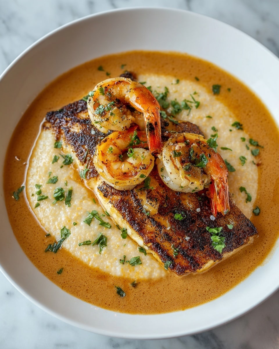 A white bowl holds a creamy light yellow base with a smooth texture, likely grits. On top sits a thick, golden-brown piece of fish with a charred, crispy surface and visible seasoning. Layered on the fish are several grilled shrimp, orange on the edges with slight charring and a glossy look. The dish is finished with scattered green herb pieces and a drizzle of a rich, orange-brown sauce around the base. The bowl is placed on a white marbled surface. photo taken with an iphone --ar 4:5 --v 7
