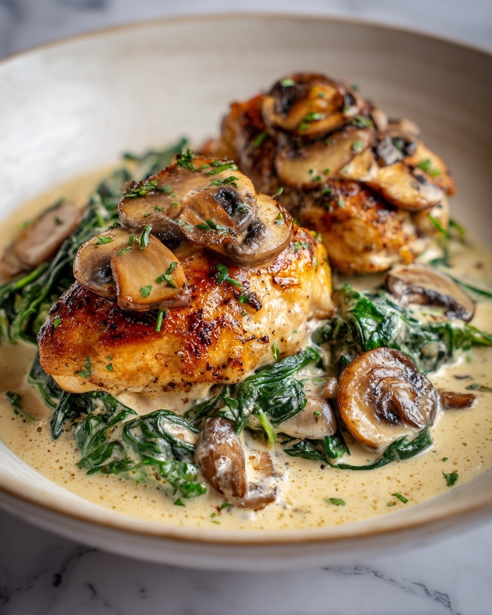 Two browned pieces of chicken sit on a white bowl filled with creamy sauce that has wilted dark green spinach leaves mixed in. Several sliced brown mushrooms are scattered on top and around the chicken, all coated with the creamy sauce. The bowl rests on a white marbled surface. photo taken with an iphone --ar 4:5 --v 7
