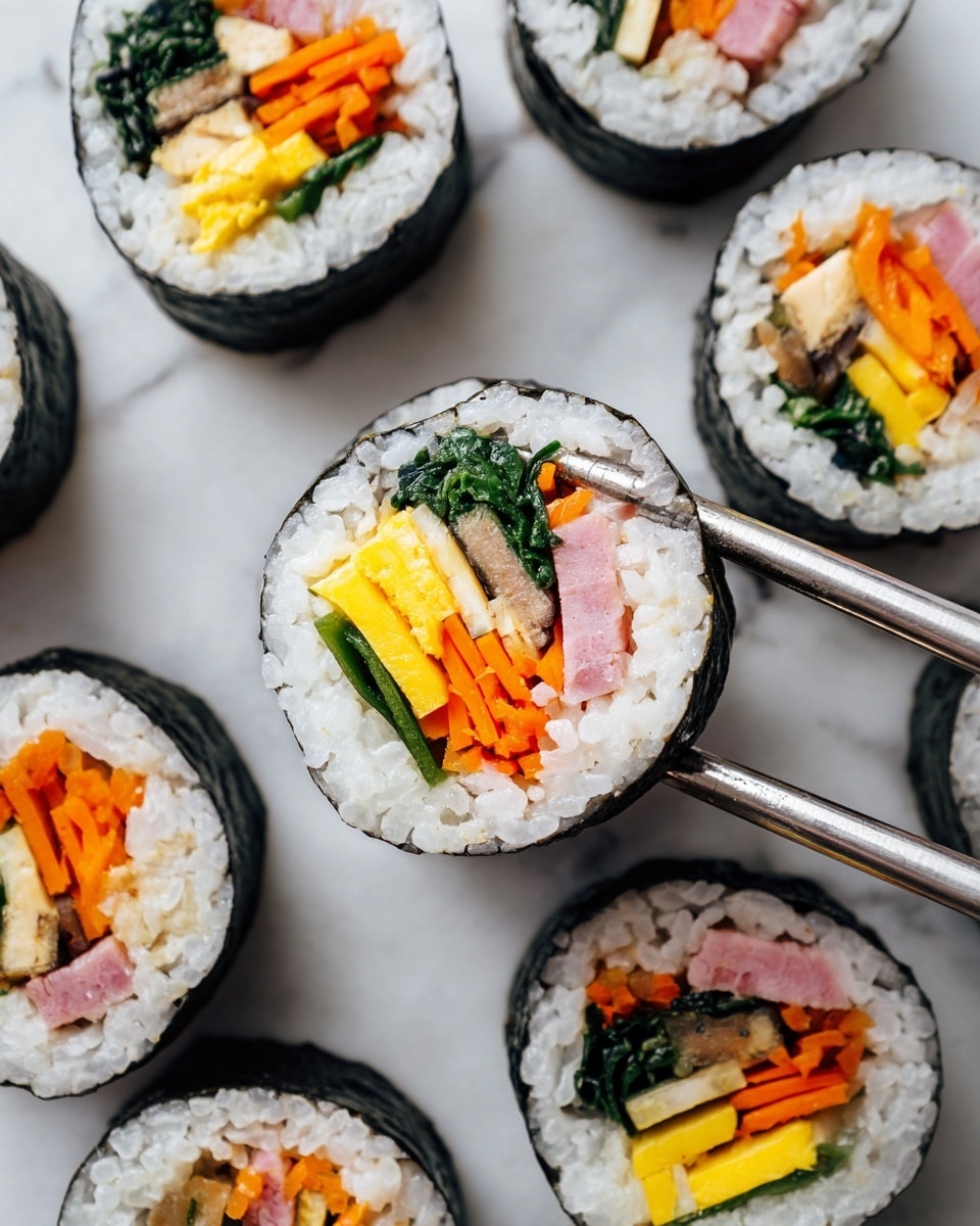 The image shows several round sushi rolls neatly placed on a white marbled surface. Each roll has a dark seaweed outer layer wrapped around a thick layer of white rice. Inside, there are multiple colorful layers including bright yellow pickled radish, orange carrot sticks, green spinach leaves, light brown strips of cooked tofu, and pinkish pieces of cooked ham or similar meat. A pair of silver chopsticks is holding one sushi roll above the others. The picture is shot with soft natural light highlighting the texture and fresh colors of the sushi. Photo taken with an iphone --ar 4:5 --v 7