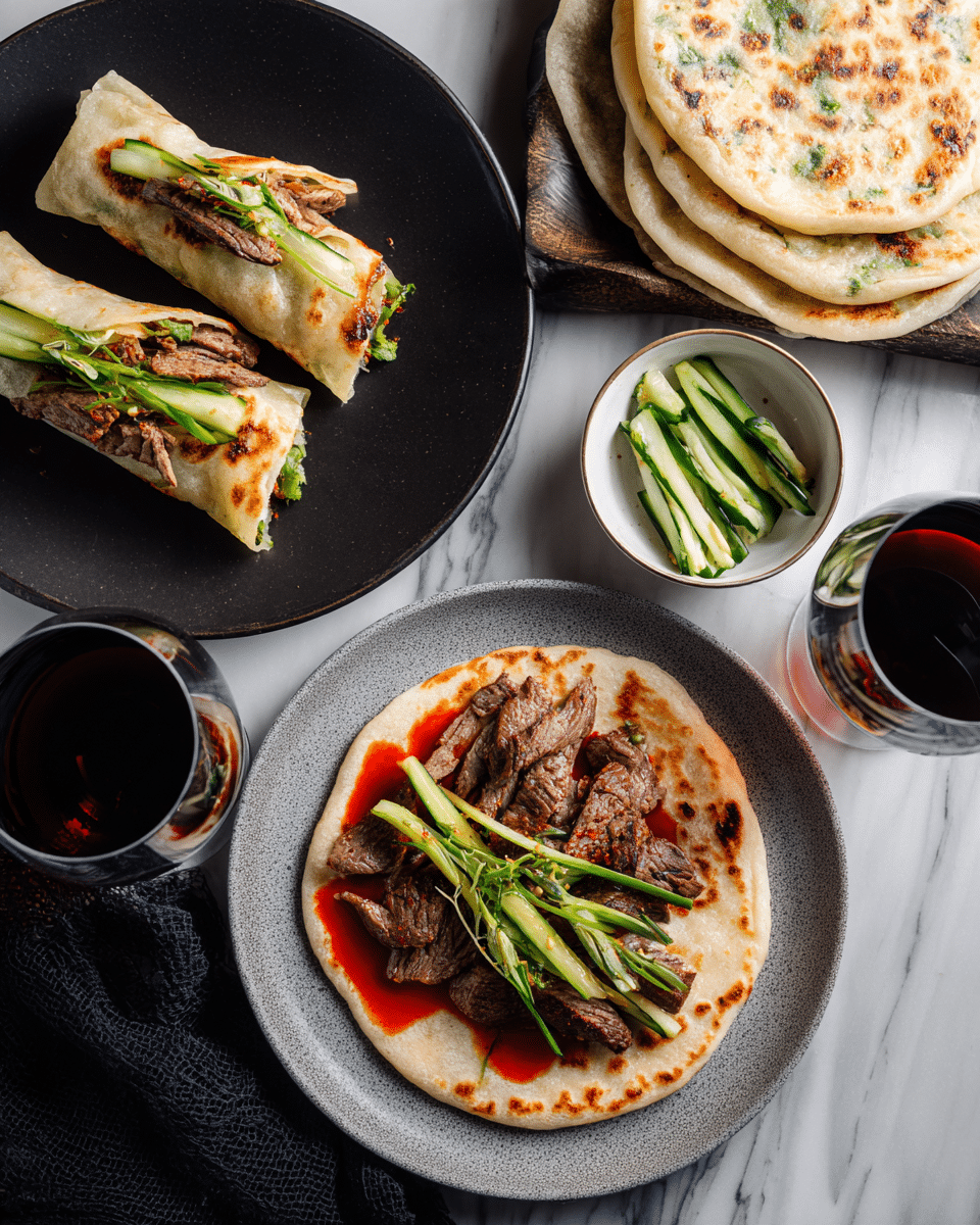 The image shows two soft white tortillas on a white plate; each tortilla is open-faced with three layers: a bottom layer of sliced green cucumber and scallion sticks, a middle layer of brown grilled meat strips, and a top layer of red sauce drizzled on one side. Nearby, a dark plate holds three rolled white tortillas filled with the same ingredients, showing green cucumber and scallion sticks peeking out along with meat and red sauce. There is a small white bowl filled with more cucumber and scallion sticks, and another bowl with red sauce. Two glasses of red wine are positioned on the white marbled surface beneath everything. photo taken with an iphone --ar 4:5 --v 7