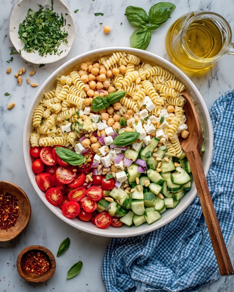 A large white bowl filled with a colorful pasta salad layered with twisted pale yellow rotini pasta, bright red cherry tomatoes halved, light green cucumber slices, and creamy white crumbled cheese, all mixed with beige chickpeas. Fresh green and purple basil leaves are scattered on top, adding texture and color. A wooden spoon is placed inside the bowl on the right. Around the bowl, there is a small white plate with chopped green herbs and small cream-colored pine nuts, a small glass jar with golden olive oil, and a small white wooden bowl with red chili flakes. The background is a white marbled surface with part of a blue and white checkered cloth near the bottom left corner. photo taken with an iphone --ar 4:5 --v 7