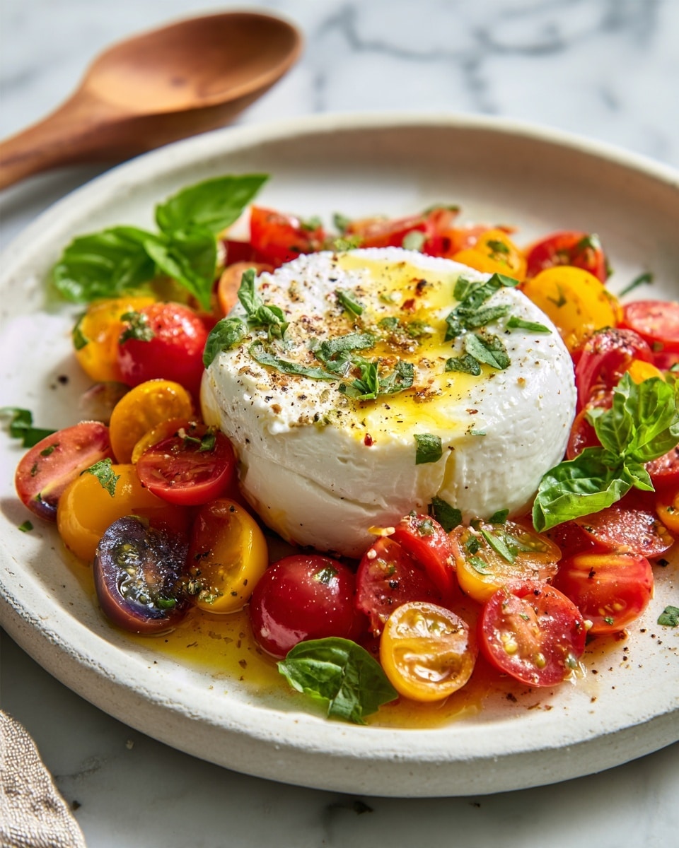 A white plate with black dots holds a colorful salad. On the plate’s center is a smooth, round ball of white cheese topped with light oil and a sprinkle of black pepper. Surrounding the cheese are halved cherry tomatoes in red, yellow, and dark purple colors, showing juicy, soft insides. Bright green basil leaves sit on and around the tomatoes, adding a fresh look. The plate is on a white marbled surface with a wooden spoon shown on the side. photo taken with an iphone --ar 4:5 --v 7