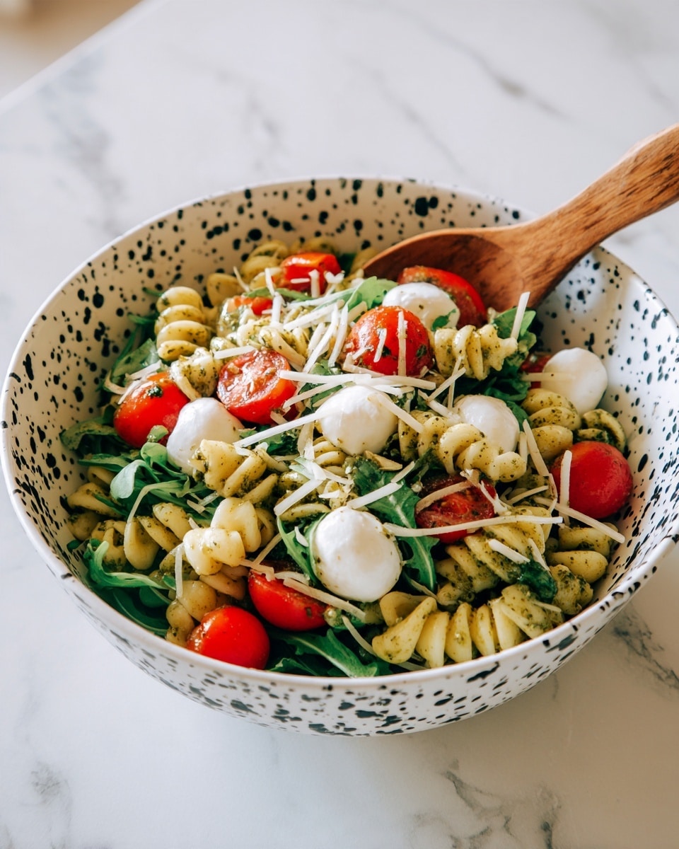 A white bowl with black speckles holds a colorful pasta salad. The first layer is curly pasta coated with green pesto sauce. Mixed in are bright red roasted bell pepper pieces and fresh dark green arugula leaves. Small white mozzarella balls are spread throughout. On top, there is a sprinkling of pale pine nuts and shredded white cheese. A wooden spoon rests inside the bowl. The bowl sits on a white marbled surface. Photo taken with an iphone --ar 4:5 --v 7