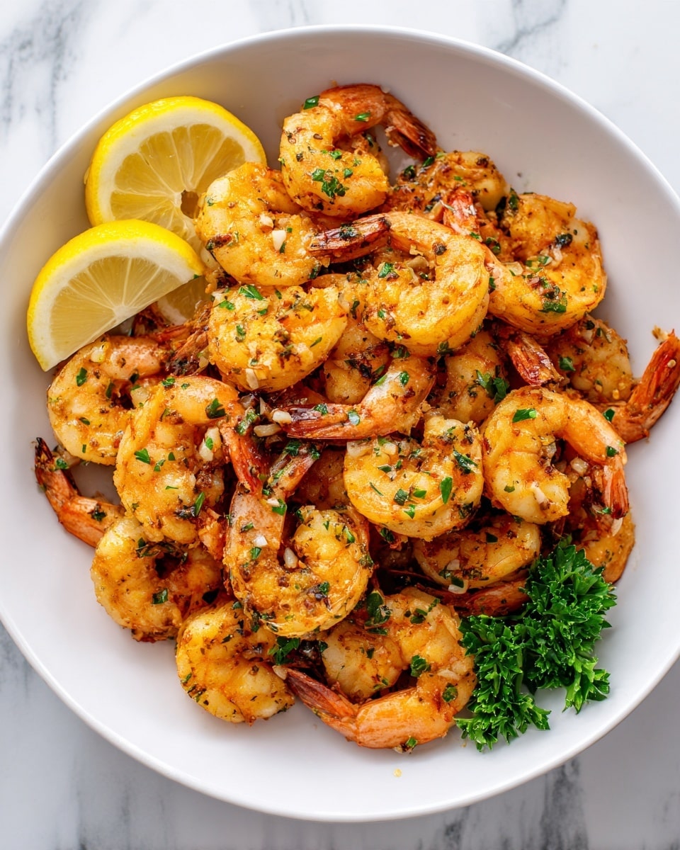 A white plate filled with cooked shrimp that are orange and pink with a slightly crispy texture and sprinkled with green herbs. The shrimp are arranged in a small pile and are garnished with three bright yellow lemon slices on the left side and a small bunch of fresh green parsley on the bottom right. The plate sits on a white marbled surface, and a part of a white bowl with a yellow-topped dish is visible in the top right corner photo taken with an iphone --ar 4:5 --v 7