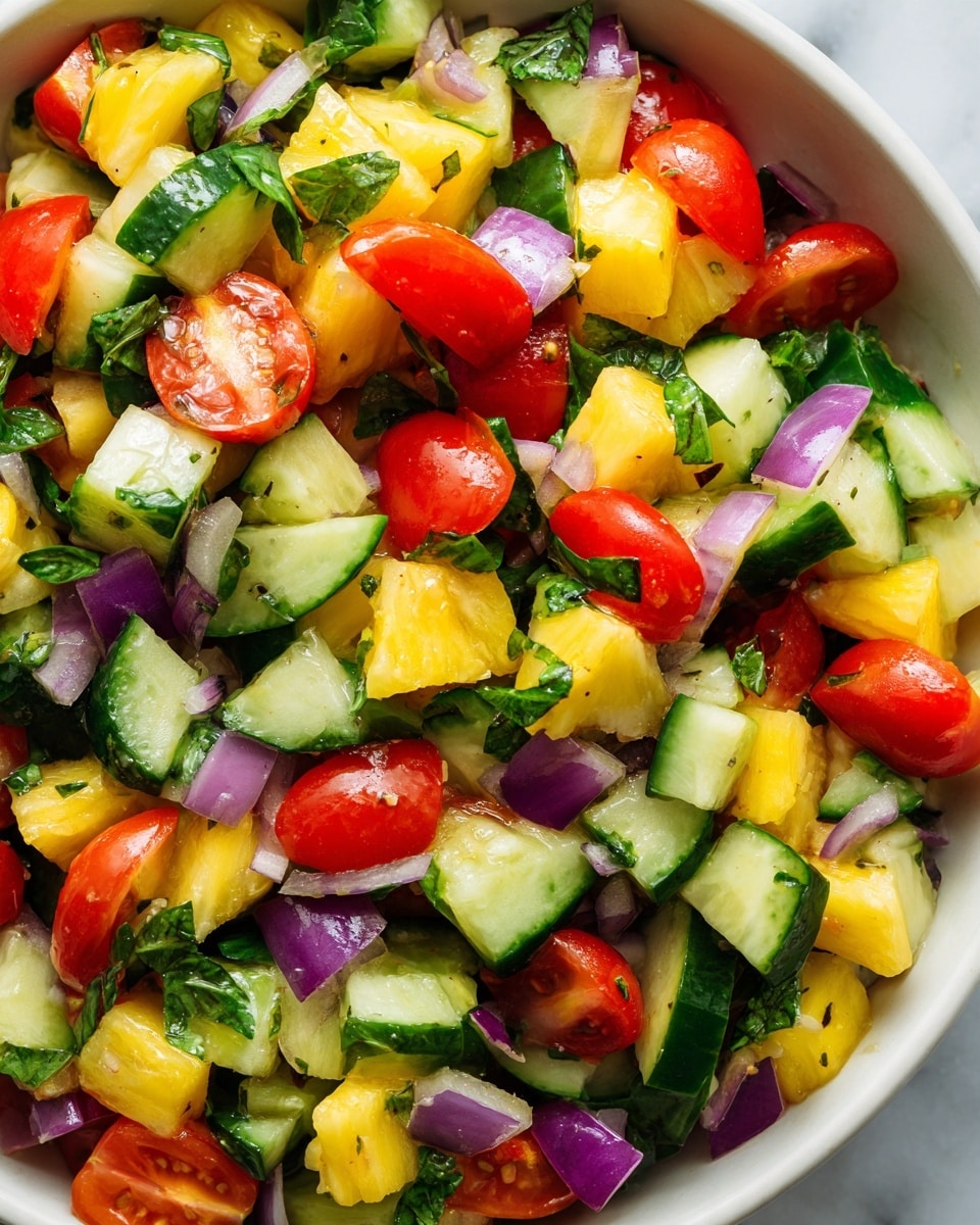 The image shows a close-up of a fresh salad made of small chopped pieces of cucumber, red tomato, yellow pineapple, and red onion, mixed with green herbs. The colors are bright and fresh, with the green cucumber and herbs standing out against the red tomato and purple onion, while the yellow pineapple adds a vibrant contrast. The vegetables and fruit pieces have a crisp, juicy texture with a slightly shiny surface, showing freshness. The salad is presented on a white marbled surface. photo taken with an iphone --ar 4:5 --v 7