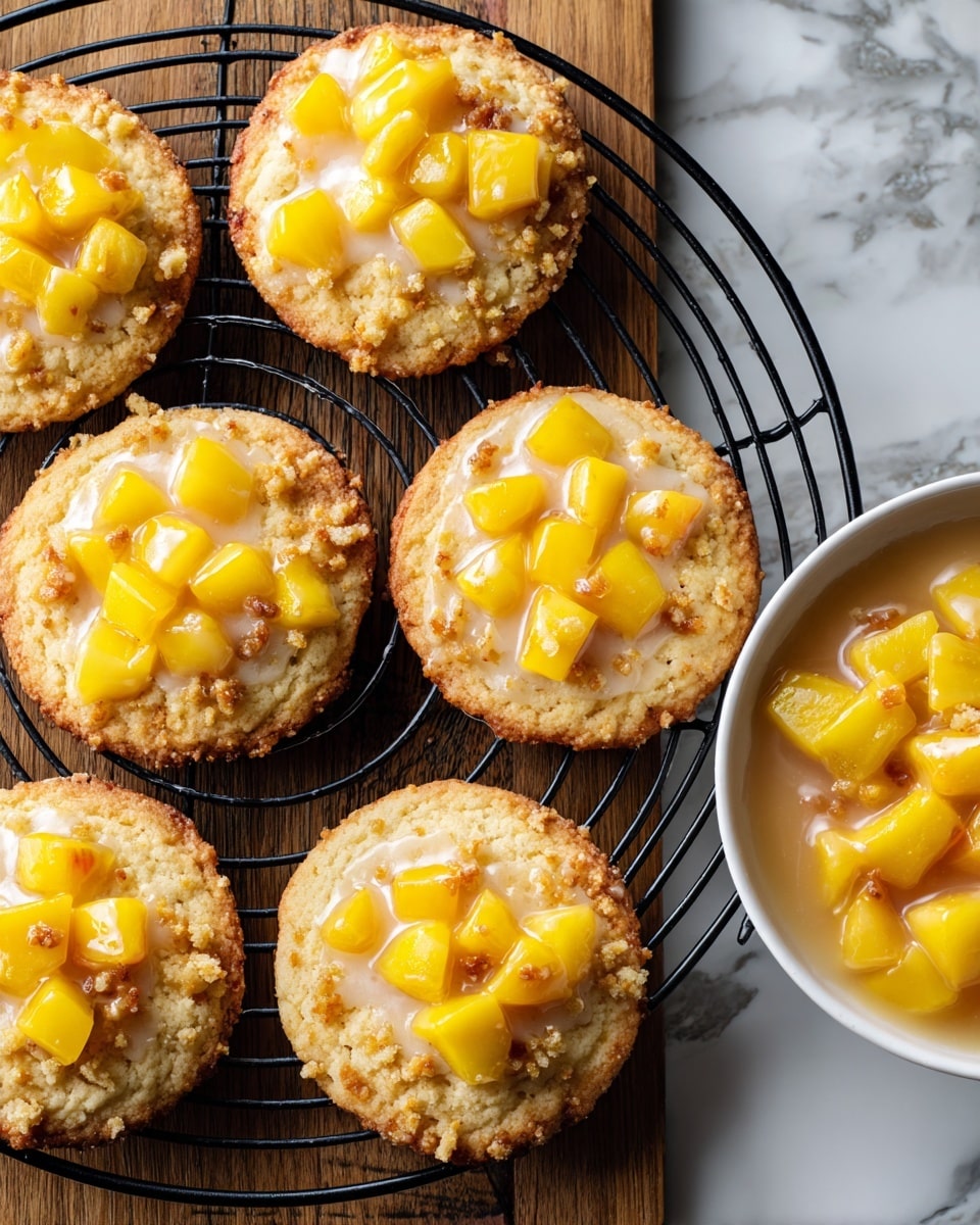 The image shows six light brown cookies with a soft texture, each topped with a shiny layer of peach pieces and a sprinkling of crumbly streusel on a black wire cooling rack placed on a wooden surface. The peach topping has a bright orange-yellow color with a glossy syrup covering it, and the streusel looks golden and slightly crunchy. To the right, there is a white bowl filled with the same peach topping and syrup. The background is a white marbled texture. Photo taken with an iphone --ar 4:5 --v 7