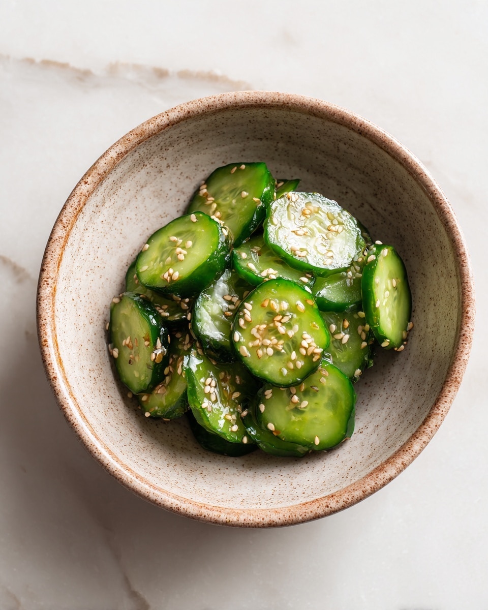 A bowl with a speckled beige and brown texture is filled with bright green cucumber slices that have a glossy surface. The cucumber slices are covered with small white sesame seeds evenly spread, and they sit in a light soy sauce or dressing pooling at the bottom. The bowl is on a white marbled surface. photo taken with an iphone --ar 4:5 --v 7