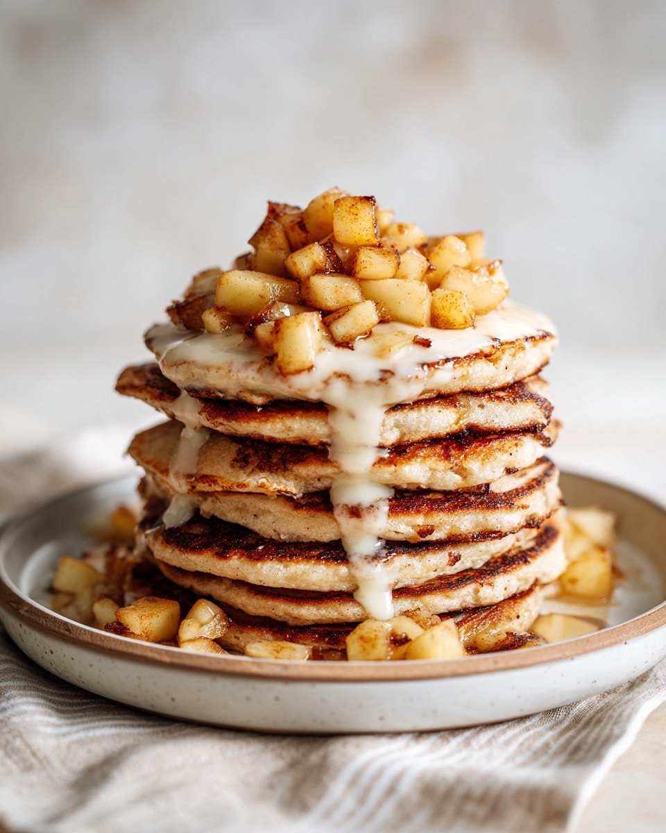 A stack of five thick, golden-brown pancakes is placed in the center of a white plate with a light brown rim. The pancakes have a slightly rough texture and look fluffy, with some dark spots from cooking. On top of the stack is a generous pile of small, lightly charred, golden and dark brown diced pieces, some of which have spilled onto the plate. The plate sits on a white marbled surface. photo taken with an iphone --ar 4:5 --v 7