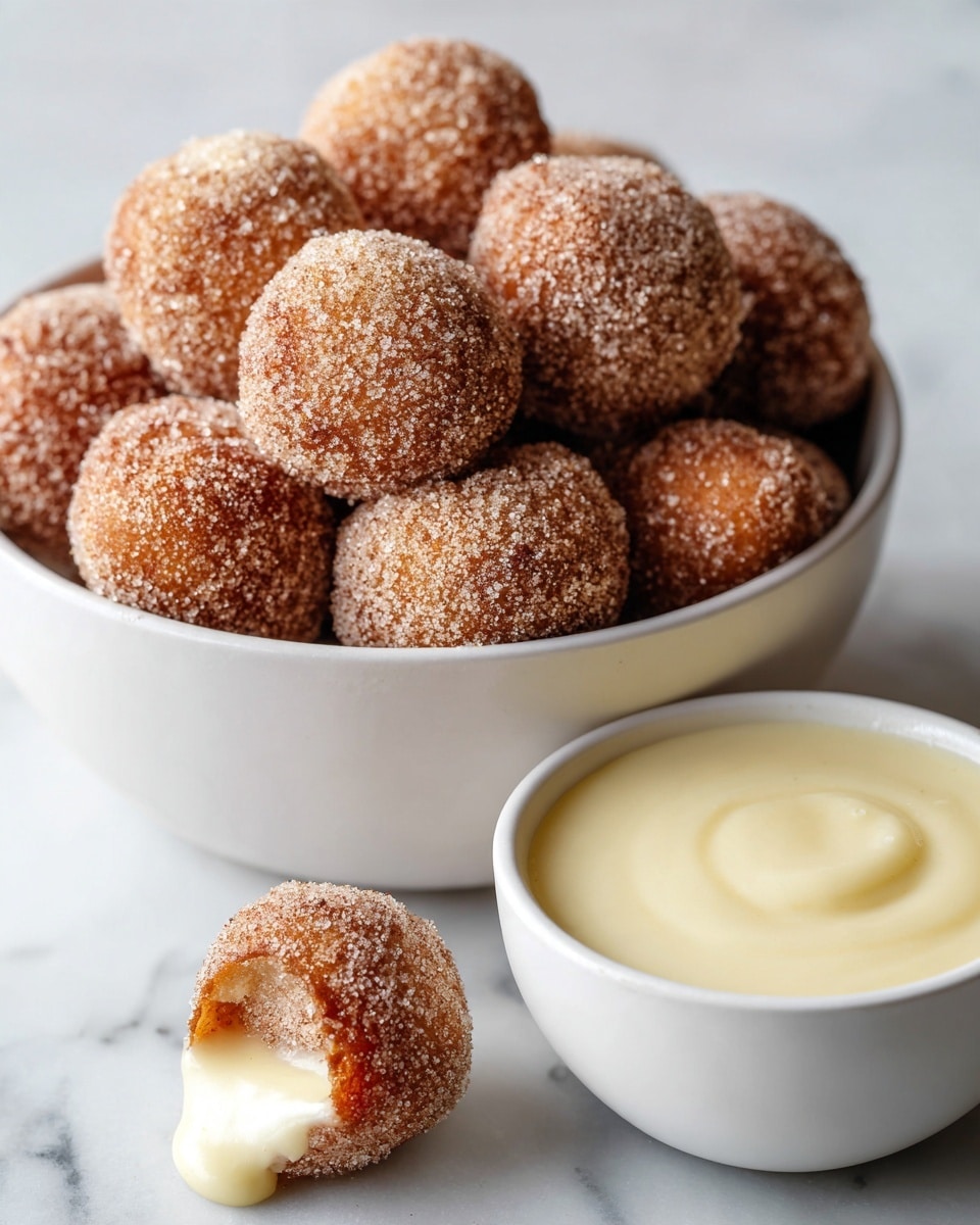 A close-up view of many small, round, golden-brown doughnuts covered in a cinnamon sugar layer, piled inside a white bowl. Among them, a few doughnuts dip slightly into a small, light blue bowl filled with smooth, creamy light yellow sauce, placed inside the larger bowl. The background surface has a white marbled texture, creating a clean and fresh setting. photo taken with an iphone --ar 4:5 --v 7