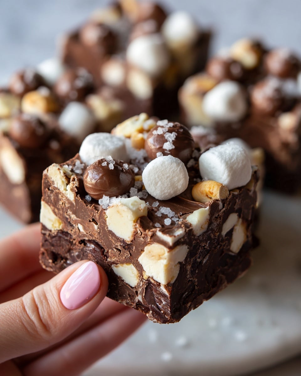 The image shows several pieces of chocolate almond bark arranged close together on a white marbled surface. Each piece has two main layers: a smooth, dark brown chocolate layer on top with a glossy texture and embedded light brown almond pieces that have a slightly rough, uneven surface, and a thinner base layer of pale almond slices arranged tightly, showing a lighter cream color with some texture. Small sprinkles of coarse salt are scattered on top of the chocolate layer, adding a touch of white contrast. The pieces are cut into squares, and some edges show slight cracking in the chocolate. Photo taken with an iphone --ar 4:5 --v 7