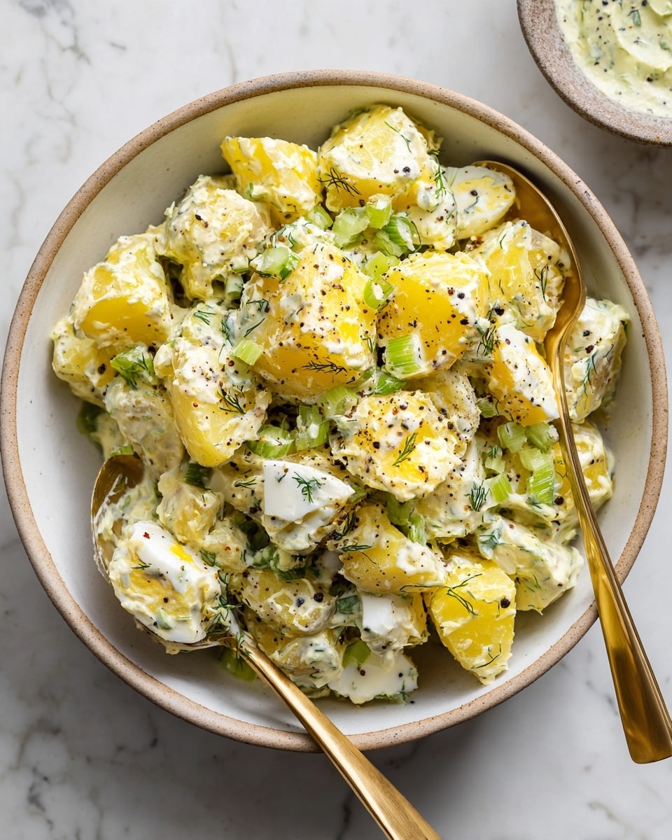 A white bowl filled with a creamy potato salad made of chunky pale yellow potato pieces mixed with small pieces of white egg, green celery bits, and finely chopped green herbs scattered on top. The texture looks soft and slightly crumbly with a few visible black pepper grains on the surface. Two golden spoons rest inside the bowl, slightly lifting the salad. The bowl is placed on a white marbled surface with part of another bowl with green sauce visible in the top right corner. Photo taken with an iphone --ar 4:5 --v 7
