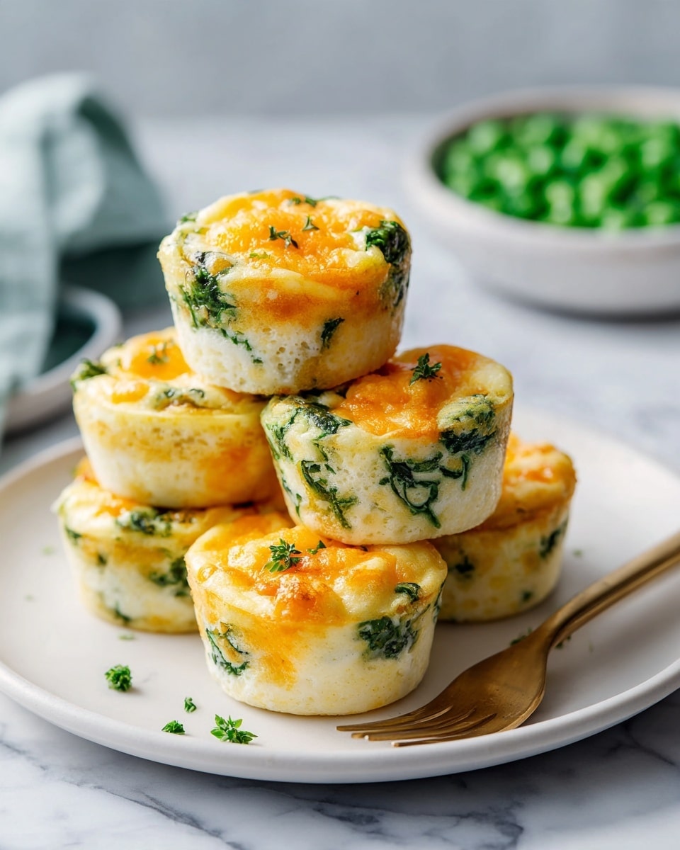 The image shows five small egg muffins stacked on a white plate with a gold fork beside them. Each muffin has three visible layers: the bottom layer is pale yellow and smooth, the middle layer contains chunks of green broccoli and spinach mixed with the eggs, and the top layer is bright orange melted cheese that looks slightly bubbly and textured. The plate sits on a white marbled surface, and a blurred bowl of green peas is in the background. photo taken with an iphone --ar 4:5 --v 7