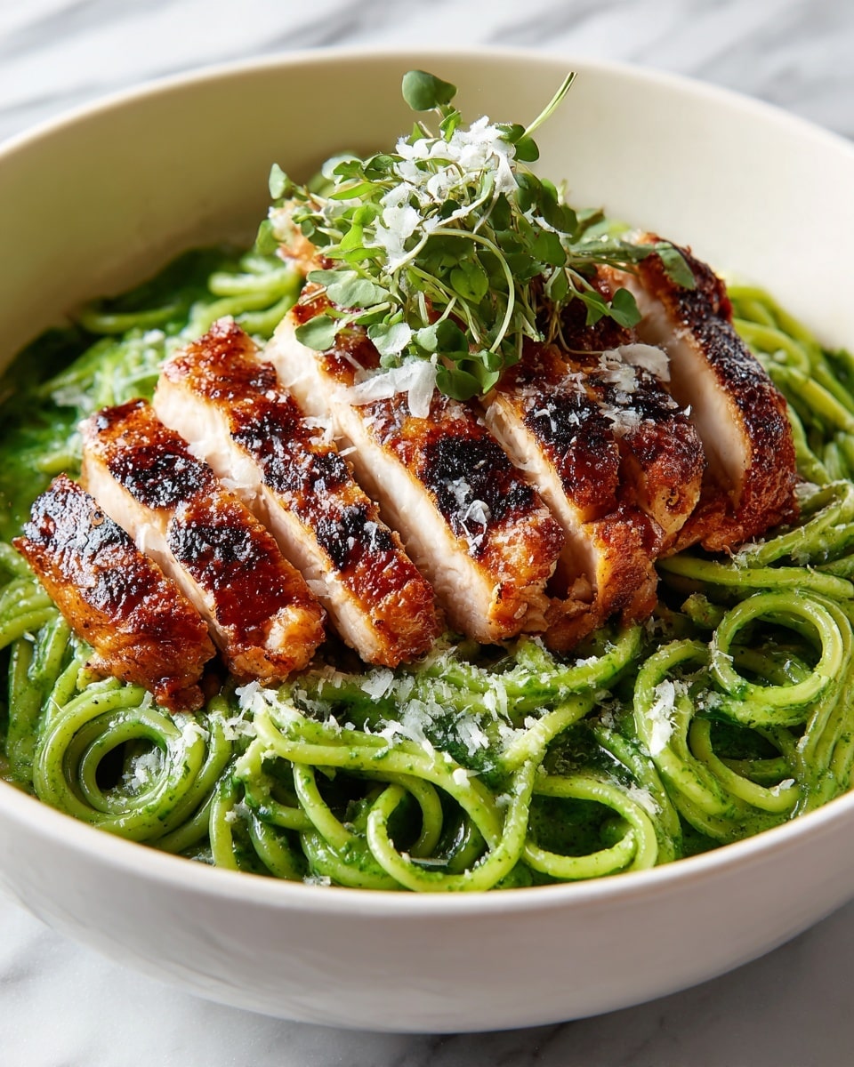 The image shows many cooking ingredients arranged on a white marbled surface. In the center, there is a white bowl filled with small, raw pieces of chicken. Above it, a white bowl has a green pesto sauce with some texture. To the left, two different types of uncooked pasta are fanned out, one type long and thin, the other short and tube-like. Around these are groups of garlic heads and loose garlic cloves, red chili peppers in a small bowl, and yellow olive oil in a clear glass jar near the top. To the right side, there are two dark green avocados, one halved to show the seed, alongside a small bunch of green basil leaves and lime wedges in a small white bowl. Near the bottom right corner, two whole red onions add bright purple color to the scene. The ingredients are all carefully spaced and sit on the smooth white marbled background. Photo taken with an iphone --ar 4:5 --v 7