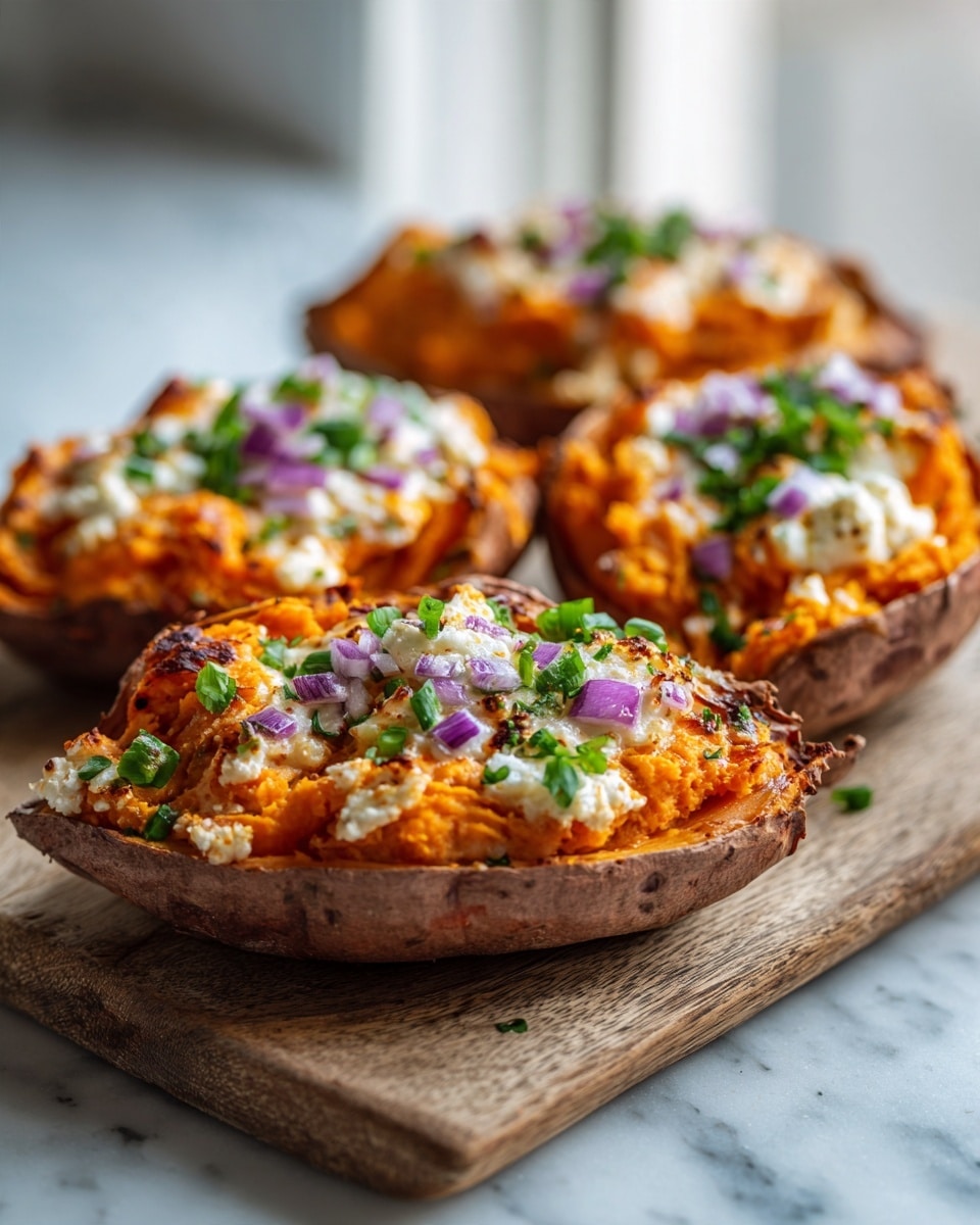 Three baked sweet potato halves sit on a wooden board placed on a white marbled surface. Each sweet potato is filled with a chunky orange filling mixed with small pieces of red and some green herbs, giving a colorful, textured look. Around the wooden board, there are several small wooden bowls holding various ingredients: one with finely chopped red and white onions, one with shredded white cheese, one with grated parmesan, and one with finely chopped green herbs. A small glass jar filled with oil sits near the top. Two whole red bell peppers, a whole sweet potato, and green kale leaves are also arranged on the white marbled surface. Whole onions and a bowl of salt add more texture, and everything is neatly laid out. Photo taken with an iphone --ar 4:5 --v 7