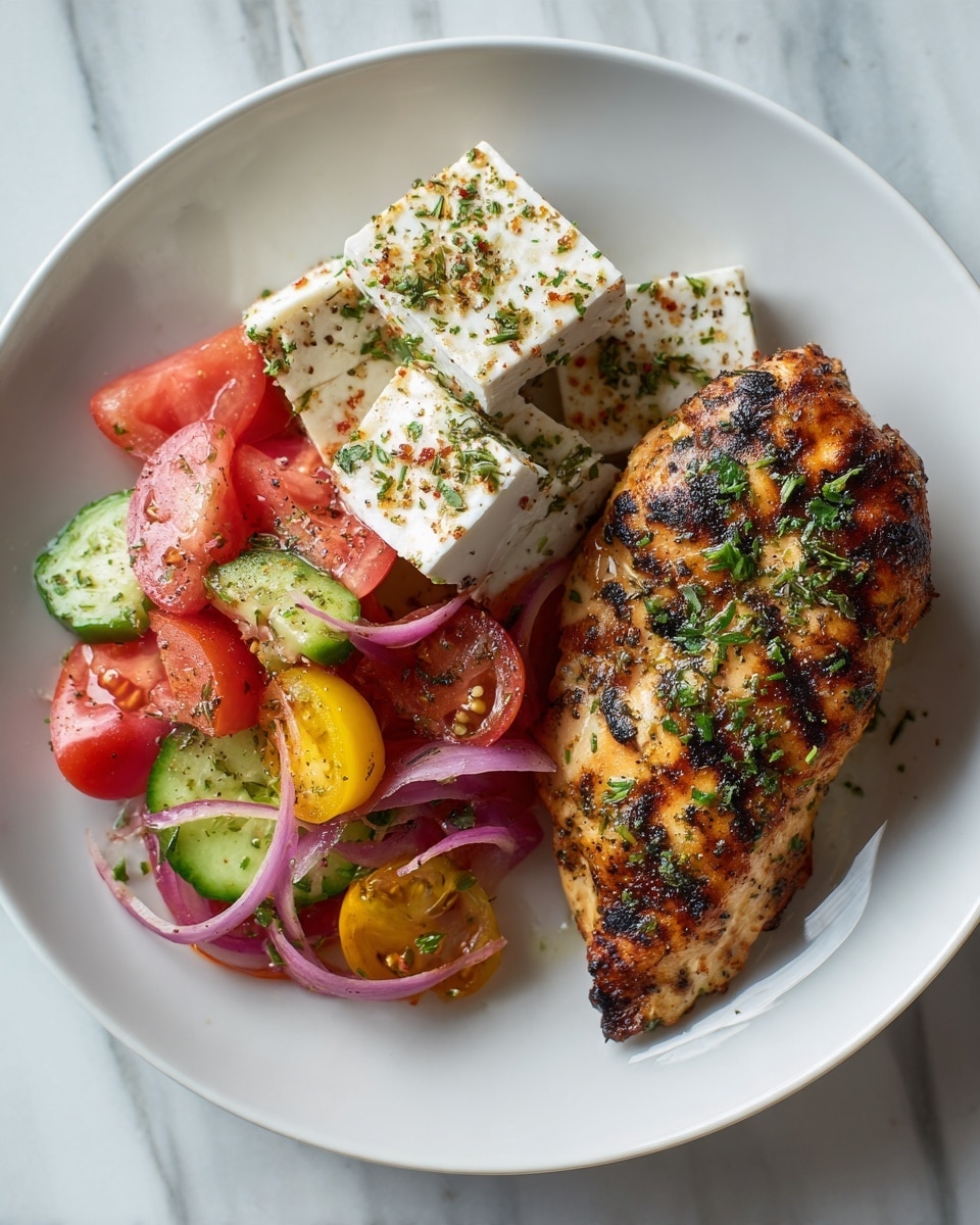 The image shows three raw chicken breasts with herbs sprinkled on top, placed on a round wooden cutting board in the center, surrounded by fresh vegetables and ingredients. On the left side, there is a bunch of fresh green parsley, a small white bowl with white cheese cubes, and three small bowls with spices and more cheese. Below the board, bright red cherry tomatoes are attached to green stems along with garlic cloves scattered around. On the right side, there are halved red onions with rich purple and white rings, a small white bowl filled with dark olives, a fresh green basil leaf next to it, whole garlic bulbs near the bottom right, and a glass bottle filled with olive oil. All items are arranged neatly on a white marbled surface. photo taken with an iphone --ar 4:5 --v 7