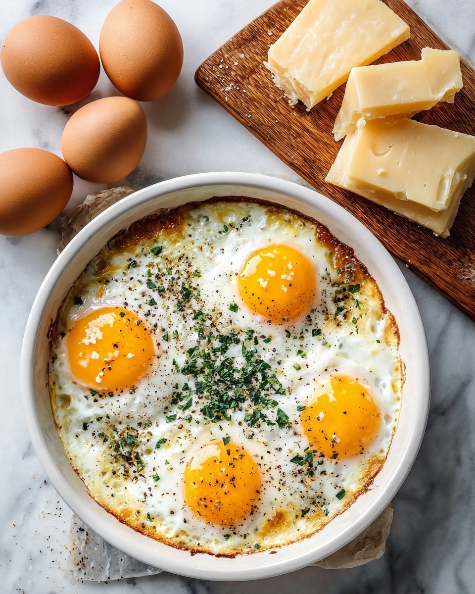A white pan holds two cooked eggs with bright yellow yolks centered on a smooth layer of melted cheese that has light golden edges. The egg whites are set, slightly bubbly, and sprinkled with small green parsley flakes and black pepper. On the top side of the pan, two toasted slices of golden-brown crusty bread rest, showing a crunchy texture with some darker browning. The pan sits on a white marbled surface that contrasts with its black handle. Photo taken with an iphone --ar 4:5 --v 7