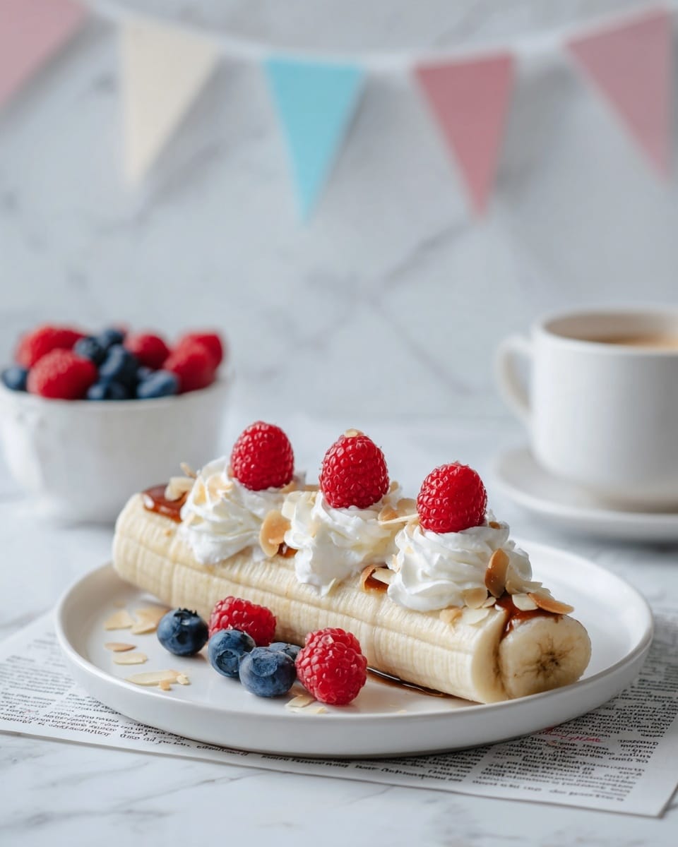 A white plate holds a split banana with a light golden brown color and soft texture, opened to show a layer of small dark blue blueberries inside. On top of the berries, there are three dollops of white whipped cream arranged in a line along the length of the banana. Each whipped cream dollop is topped with a bright red raspberry. Around the banana on the plate are scattered thinly sliced light brown almonds and white coconut flakes. The plate rests on crumpled black-and-white newspaper sheets over a white marbled surface. A metal ice cream scoop with a shiny silver look lies on the edge of the plate. photo taken with an iphone --ar 4:5 --v 7