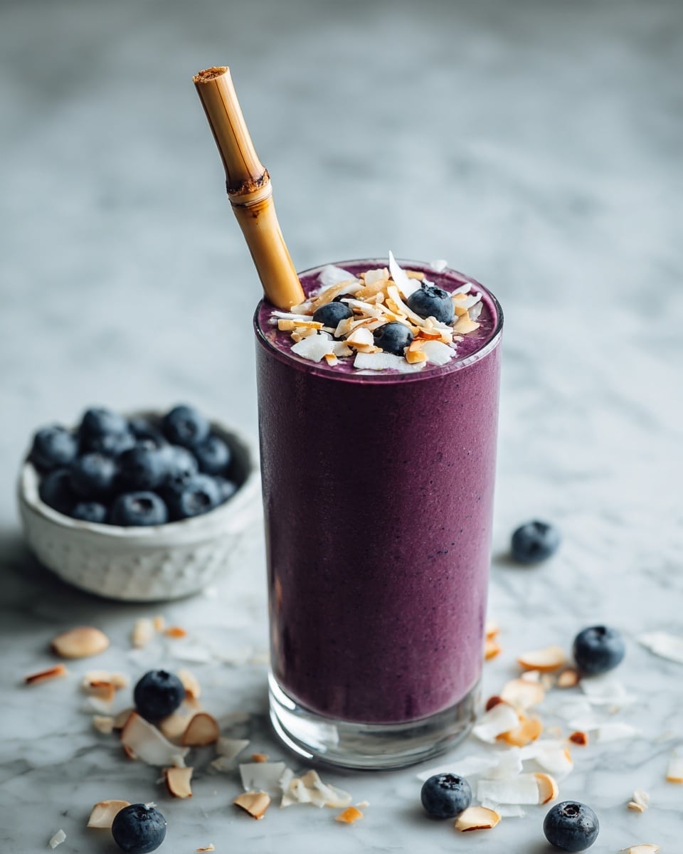 A clear glass filled with a thick purple smoothie topped with a layer of fresh dark blueberries, white almond slices scattered on top, and small green seeds sprinkled over; a light brown bamboo straw sticks out from the smoothie near the edge of the glass; the glass sits on a white marbled surface with a small white bowl of blueberries blurred in the background and a few loose blueberries scattered around. photo taken with an iphone --ar 4:5 --v 7