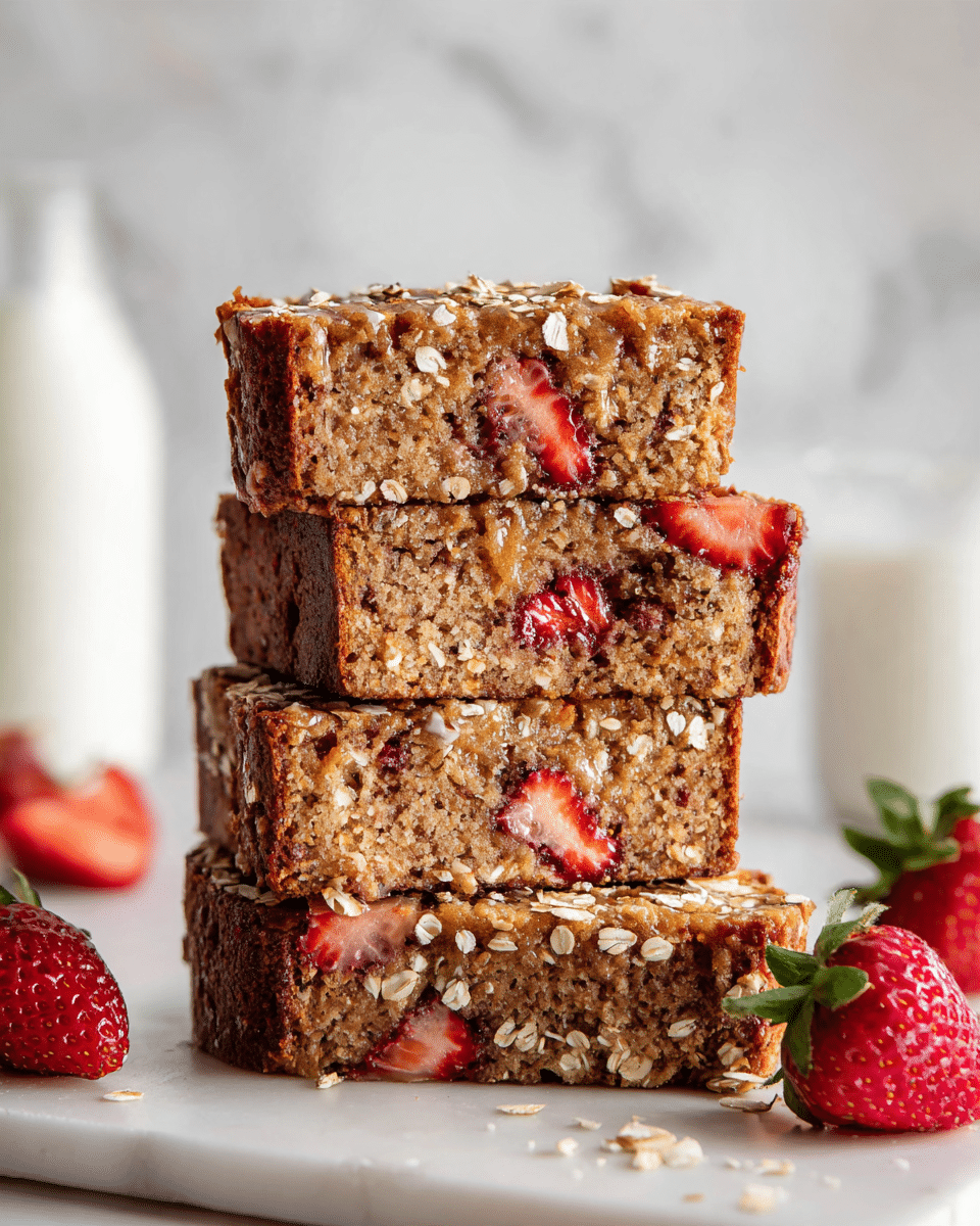 A stack of four slices of dark brown banana bread with visible oats on the crust and surface, layered neatly on a white marble slab, with three bright red strawberries positioned in the middle of the stack between the slices, showing a soft texture inside the bread and a slightly crumbly crust. The background is a white tiled wall and the surface beneath the slab is white marble. Photo taken with an iphone --ar 4:5 --v 7