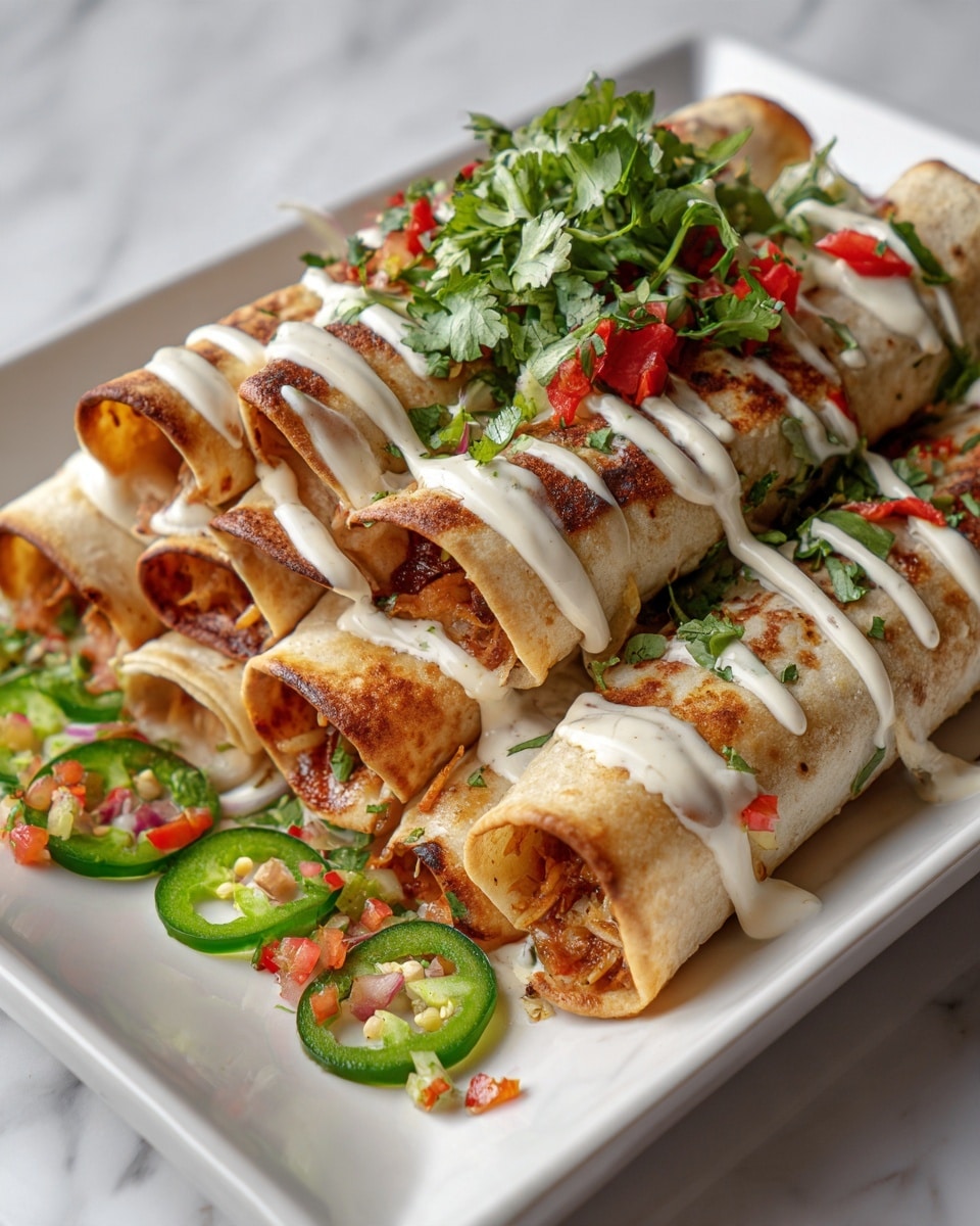 The image shows a close-up of several rolled tortillas filled with an orange, textured filling, arranged closely together on a white marbled surface. Each tortilla has a soft, slightly toasted light tan color with some browned spots. On top of the tortillas, there are small green cilantro leaves and bits of red and white diced garnish. In the foreground, a few slices of fresh green jalapeño peppers are placed beside the tortillas, adding bright green tones and a smooth, glossy texture. The background is slightly blurred, keeping focus on the rolled tortillas and their colorful toppings. Photo taken with an iphone --ar 4:5 --v 7