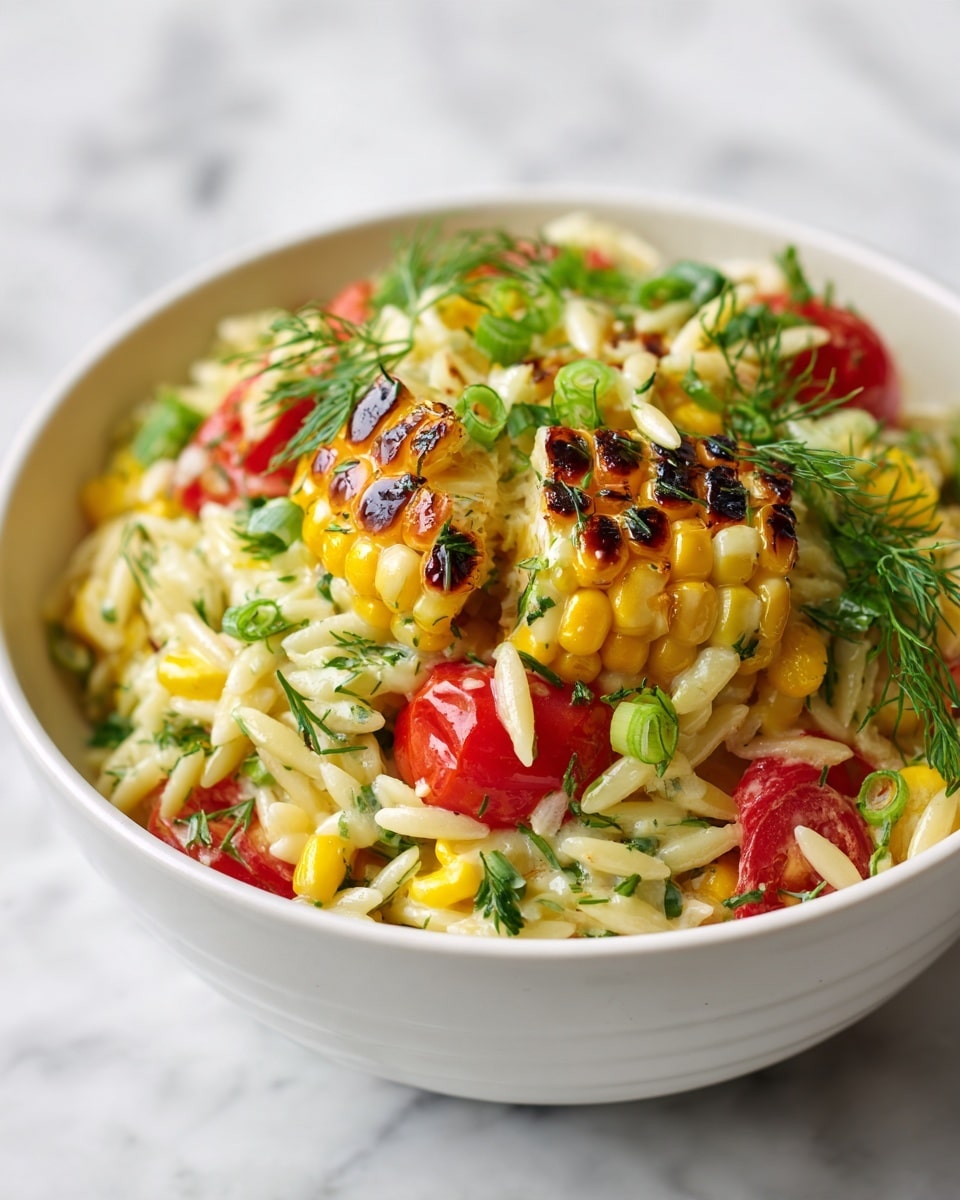 The image shows fresh ingredients arranged on a white marbled surface, including three ears of yellow corn with some husk, a small white bowl of mixed pepper flakes, a small dish of light beige grains, a glass bowl of dark green pesto, a small glass container of golden olive oil, a cluster of bright red cherry tomatoes, a whole red onion, a glass bowl filled with sliced green onions, and a bunch of fresh green dill and spring onions placed diagonally at the top left corner. photo taken with an iphone --ar 4:5 --v 7