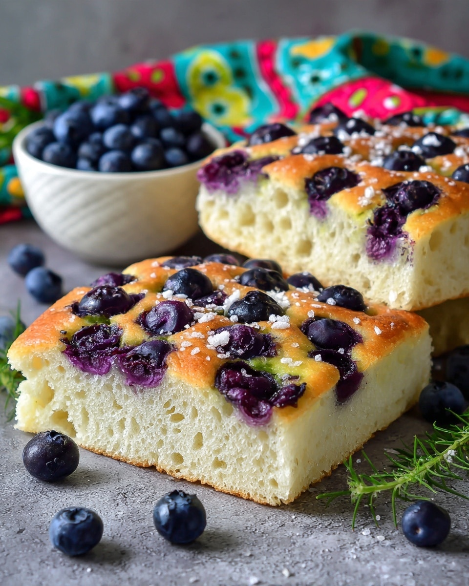 The image shows a thick slice of light golden focaccia bread topped with scattered dark purple blueberries and small green herb leaves, cut from a larger rectangular loaf with the same toppings and a soft, airy inside. In the background, there is a small white bowl filled with fresh blueberries, all placed on a white marbled surface with a colorful cloth with red and green floral designs slightly out of focus. photo taken with an iphone --ar 4:5 --v 7