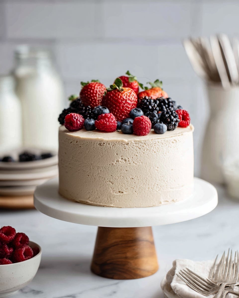 A three-layer round cake with light cream-colored frosting covering all sides, topped with fresh mixed berries including halved strawberries, whole blackberries, blueberries, and raspberries arranged on the top, sitting on a white cake stand with a wooden base, all placed on a white marbled surface with a white tiled background. In the background, there are two small glass bottles filled with milk and a white jar holding silver forks, with a striped cloth nearby. photo taken with an iphone --ar 4:5 --v 7