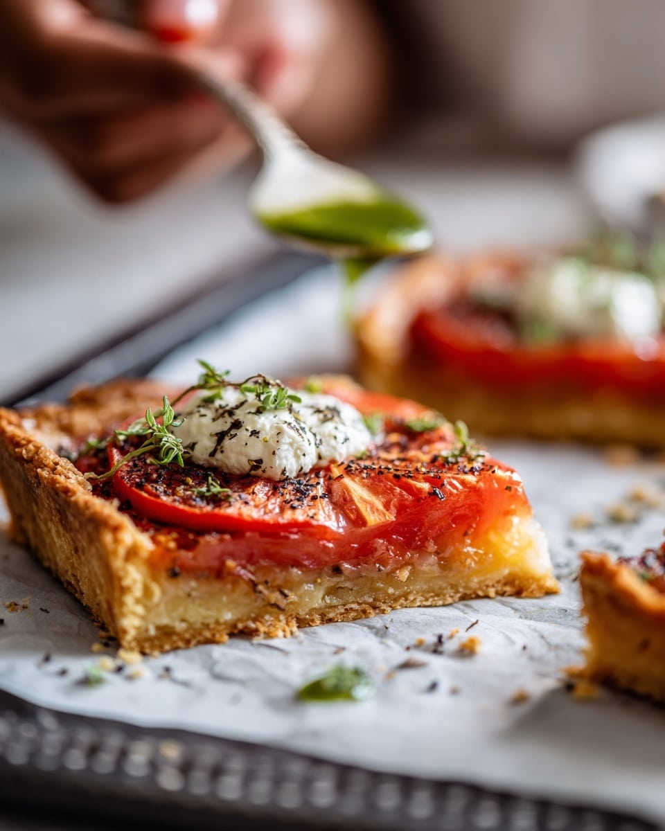 The image shows a slice of tomato tart with a golden brown, flaky puff pastry crust forming the base and edges. On top of the crust is a layer of red roasted tomato slices, topped with dollops of soft white cheese and small green herb leaves sprinkled around. The tart rests on white parchment paper placed on a decorative dark tray, set on a white marbled surface. In the background, blurred silver cutlery and a green sauce can be seen. Photo taken with an iphone --ar 4:5 --v 7