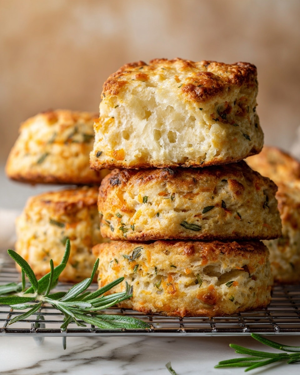 The image shows a close-up view of a scone with a rough, crumbly texture and a golden brown top. It has several layers visible inside, which look soft and fluffy with small pieces of orange and green herbs mixed through the dough. The scone sits on top of a few other scones on a round metal cooling rack, with some fresh green herb sprigs around. The surface beneath is a white marbled texture. The background is blurred with a glass jar and more scones visible in soft focus. photo taken with an iphone --ar 4:5 --v 7