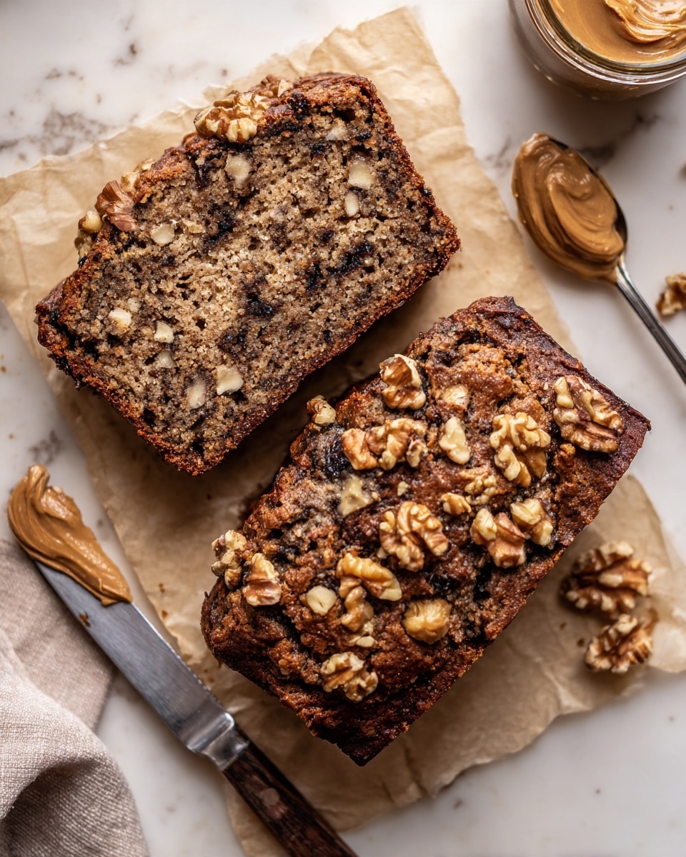 The image shows a dark brown loaf of nut bread with a slightly cracked top layer covered with walnut pieces. The loaf is sliced, revealing a dense, textured inside filled with large walnut chunks and smaller bits, giving a mix of light and dark brown colors. Next to the bread is a smooth dollop of tan colored nut butter with a creamy texture, placed on crinkled parchment paper, all set on a white marbled surface. photo taken with an iphone --ar 4:5 --v 7