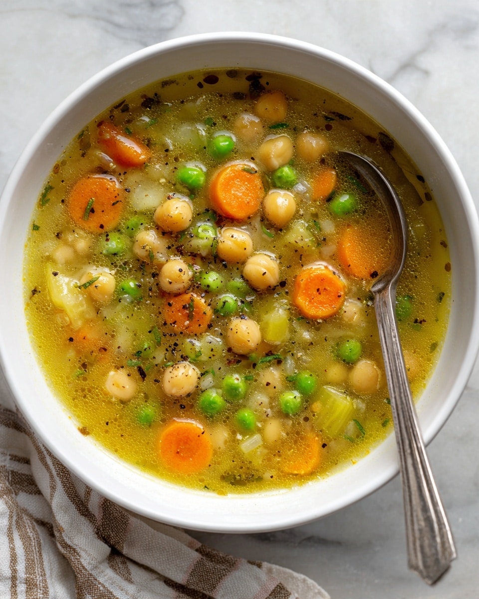 A white bowl filled with thick soup showing three main layers: the bottom layer is a yellowish broth with small grains, the middle layer contains soft green peas and diced celery, and the top layer has bright orange carrot slices, beige chickpeas, and chopped green onions scattered on top. The soup has a slightly shiny surface with black pepper sprinkled across it. A metal spoon is placed inside the bowl, and the bowl sits on a white marbled surface next to a white cloth with subtle stripes and a small bowl of green herbs nearby photo taken with an iphone --ar 4:5 --v 7