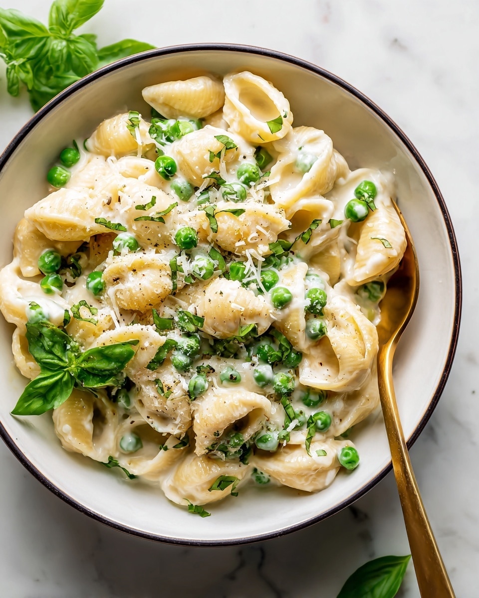 A close-up view of a bowl filled with creamy pasta and peas, showing about three layers: the bottom layer of small shell pasta pieces in a soft off-white color, the middle layer mixed with bright green peas, and a thick white creamy sauce coating the pasta and peas. On top, there is a sprinkle of finely chopped fresh green basil leaves and a bit of grated cheese, adding texture and color contrast. The pasta is in a white bowl with a subtle brown trim on the rim, placed on a white marbled surface. A gold spoon rests inside the bowl, with a woman's hand holding it from the bottom left corner. Some basil leaves are scattered on the surface near the bowl. Photo taken with an iphone --ar 4:5 --v 7