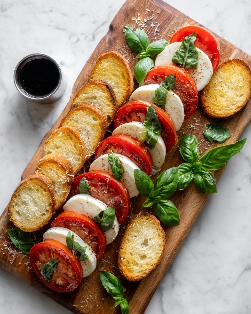 The dish shows a long wooden board with a neat row of red tomato slices and white mozzarella slices stacked alternately in the center, forming about 15 layers. Fresh green basil leaves are placed on top and around the stack. To the left side of the board, there are several small crispy toasted bread slices in a few layers, golden brown with a slightly rough texture. A small black bowl filled with dark balsamic vinegar sits near the bottom left corner. The board is drizzled with a shiny brown sauce and sprinkled with coarse salt, all on a white marbled surface scattered with extra basil leaves and slices of tomato. Photo taken with an iphone --ar 4:5 --v 7