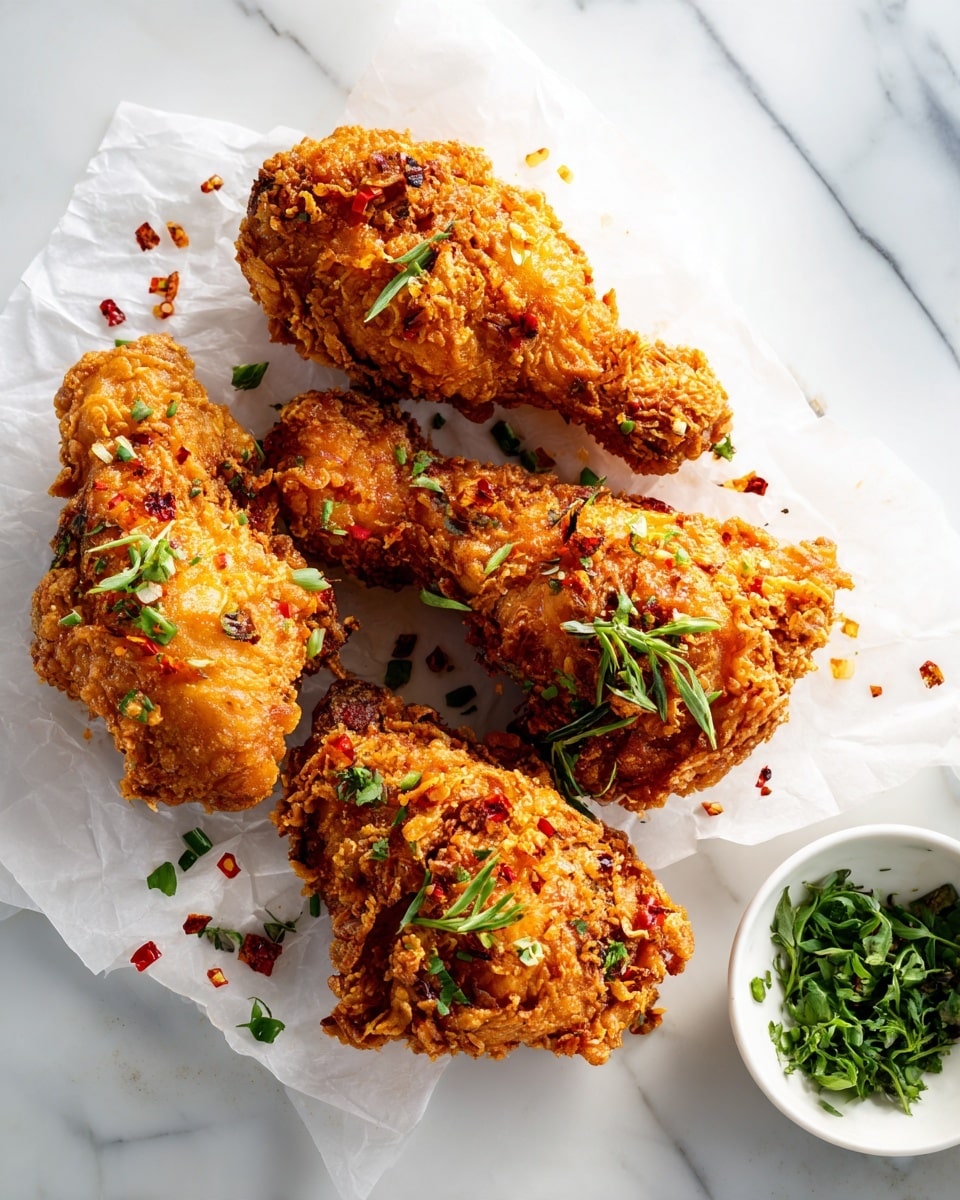 Close-up of five golden brown crispy fried chicken pieces arranged on white parchment paper over a white marbled surface. The chicken has a crunchy, textured crust with a bright orange-red color, sprinkled lightly with green chopped herbs and small red chili flakes. In the lower right corner, there is a glimpse of a small white bowl filled with fresh green herbs, adding a fresh contrast. The overall look is warm, crunchy, and flavorful, with the vibrant colors standing out against the white marbled background photo taken with an iphone --ar 4:5 --v 7