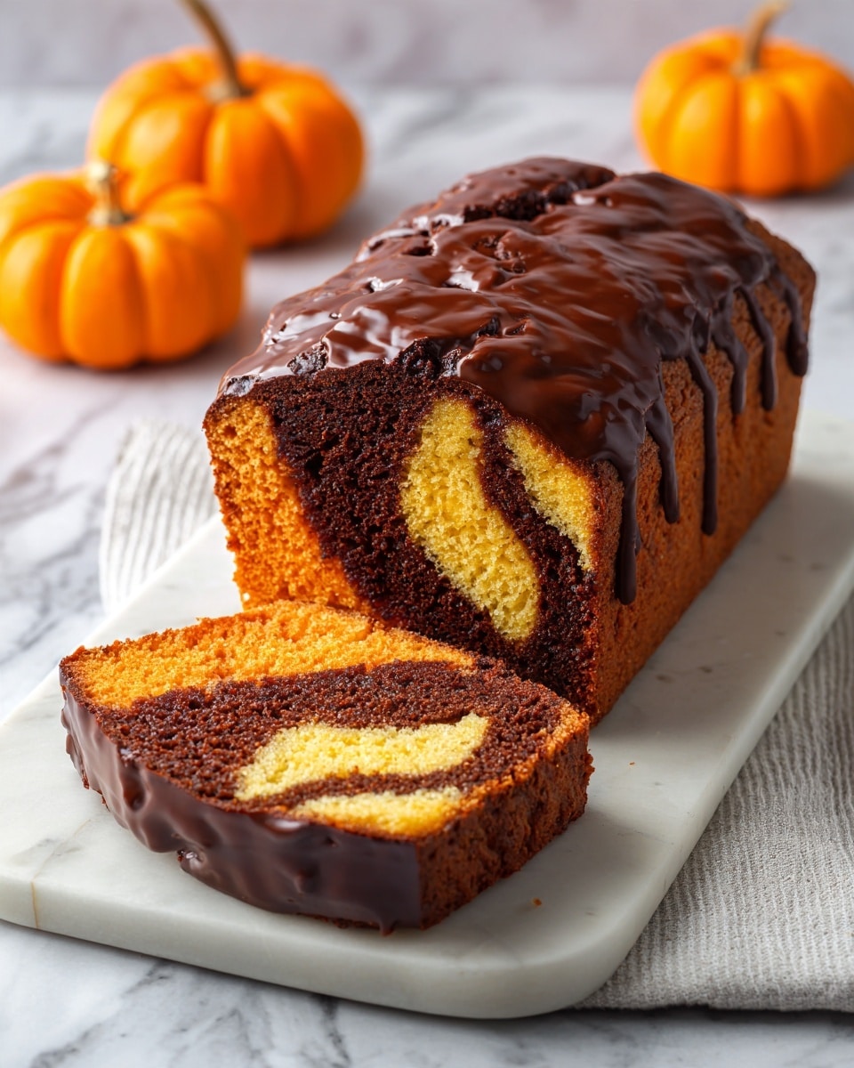 A loaf cake with two main layers swirled together in dark brown and bright orange colors, forming a marbled pattern inside. The top of the cake is covered in a thick, shiny dark chocolate sauce that drips down the sides. One slice is cut and laid flat in front of the cake, showing the detailed swirl pattern clearly. The cake sits on a shallow white plate placed on a white marbled surface. In the background, there are several orange pumpkins adding a fall theme. Photo taken with an iphone --ar 4:5 --v 7