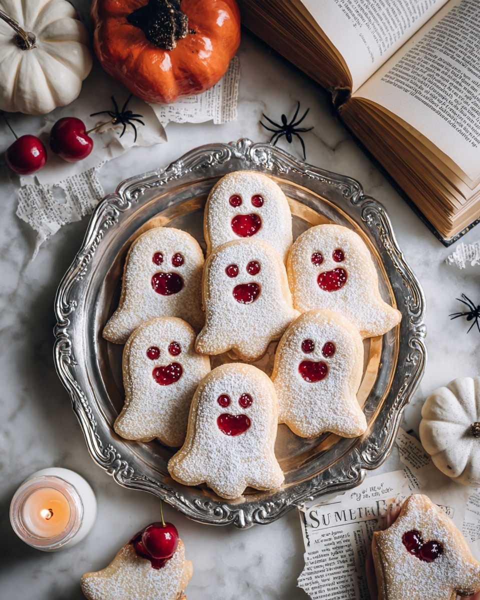 This image shows a silver ornate tray filled with ghost-shaped cookies. Each cookie has three round red jelly spots arranged like eyes and a mouth on the pale dough, and they are dusted with powdered sugar. The cookies are layered closely, with one separate cookie on the white marbled surface next to the tray. There are two glossy red cherries on the tray, placed near the cookies. In the background, two white pumpkins, a small brass candle holder with a lit candle, an open book, a small black plastic spider, and tiny white candy pieces are arranged on the white marbled surface, creating a soft autumn and Halloween theme. photo taken with an iphone --ar 4:5 --v 7