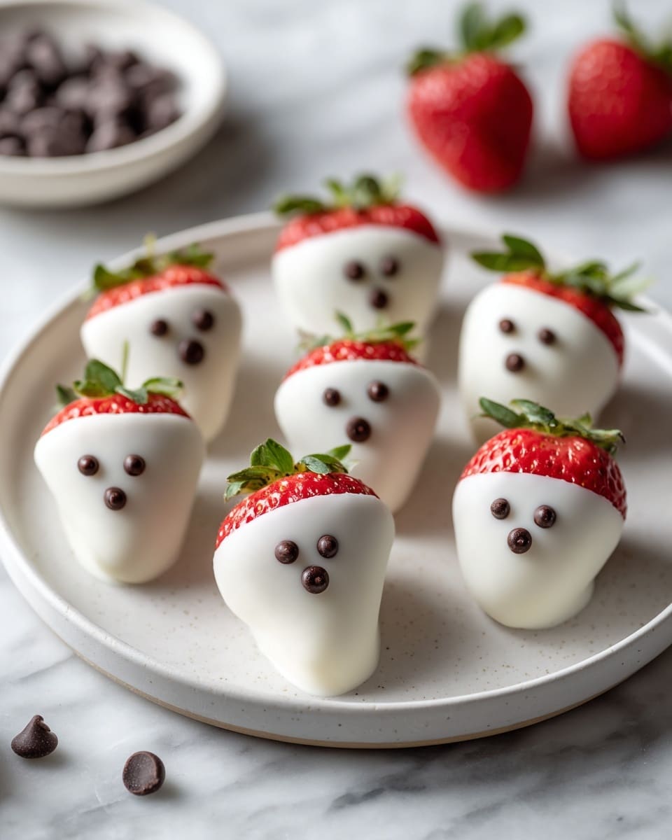 The image shows eight strawberries dipped in white coating, arranged on a white plate with grey-blue patterns. Each strawberry keeps its green leaves on top and has a bright red tip that is not dipped. On the white coating, small chocolate dots form two eyes and an oval mouth on each strawberry, giving them surprised face expressions. The plate rests on a white marbled surface, with some whole strawberries and scattered small chocolate chips blurred in the background. Photo taken with an iphone --ar 4:5 --v 7