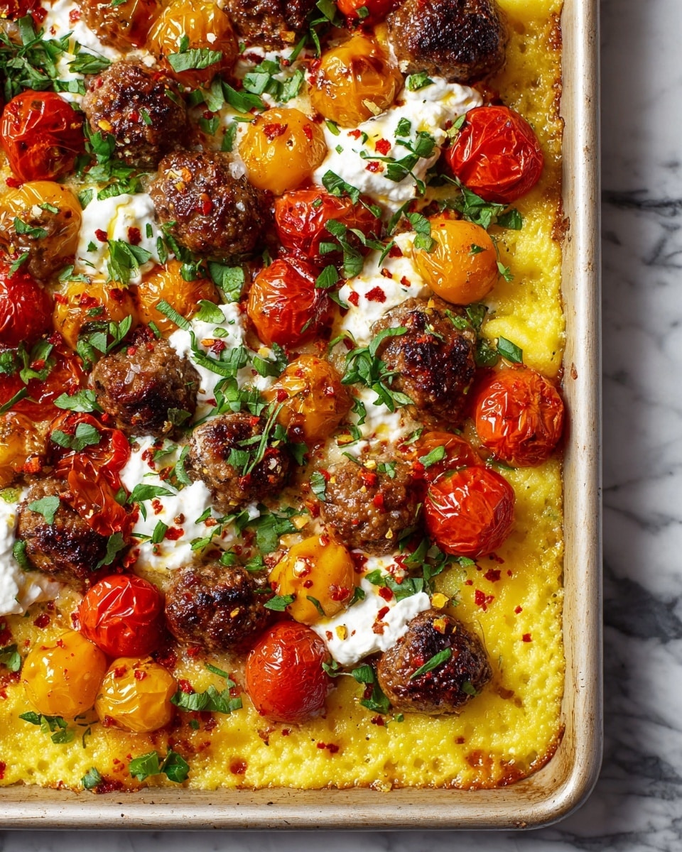 A close-up top view of a large rectangular baking tray filled with three main layers: the bottom layer is made of small yellow gnocchi, scattered throughout; the middle layer consists of roasted red and orange cherry tomatoes, some with slight charring; the top layer features browned meatballs spread evenly across the tray, mixed with small dollops of white melted cheese. The dish is lightly sprinkled with green herbs and thin white cheese shavings. The background and surface have a white marbled texture. photo taken with an iphone --ar 4:5 --v 7