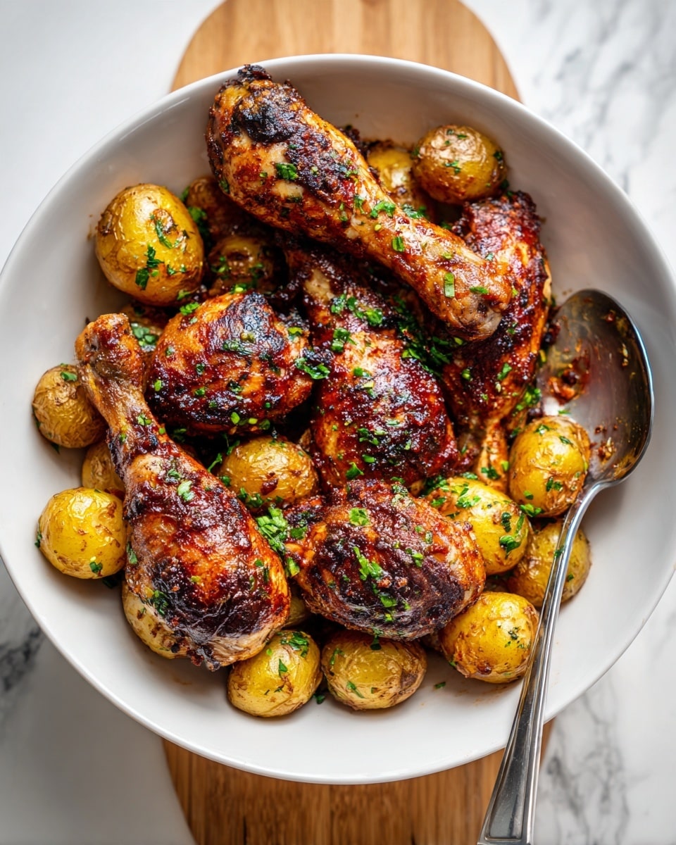A white bowl filled with several roasted chicken legs layered on top and among a bed of small, halved golden-brown potatoes. The chicken skin is crispy and browned with a slightly charred look, coated with a shiny glaze that hints at spices and herbs. The potatoes have a roasted texture with some darker edges, mixed throughout the dish. The entire meal is sprinkled with finely chopped green herbs, adding a fresh contrast to the warm tones. A silver spoon is partially buried in the bowl, ready to serve. The background is a white marbled texture. photo taken with an iphone --ar 4:5 --v 7