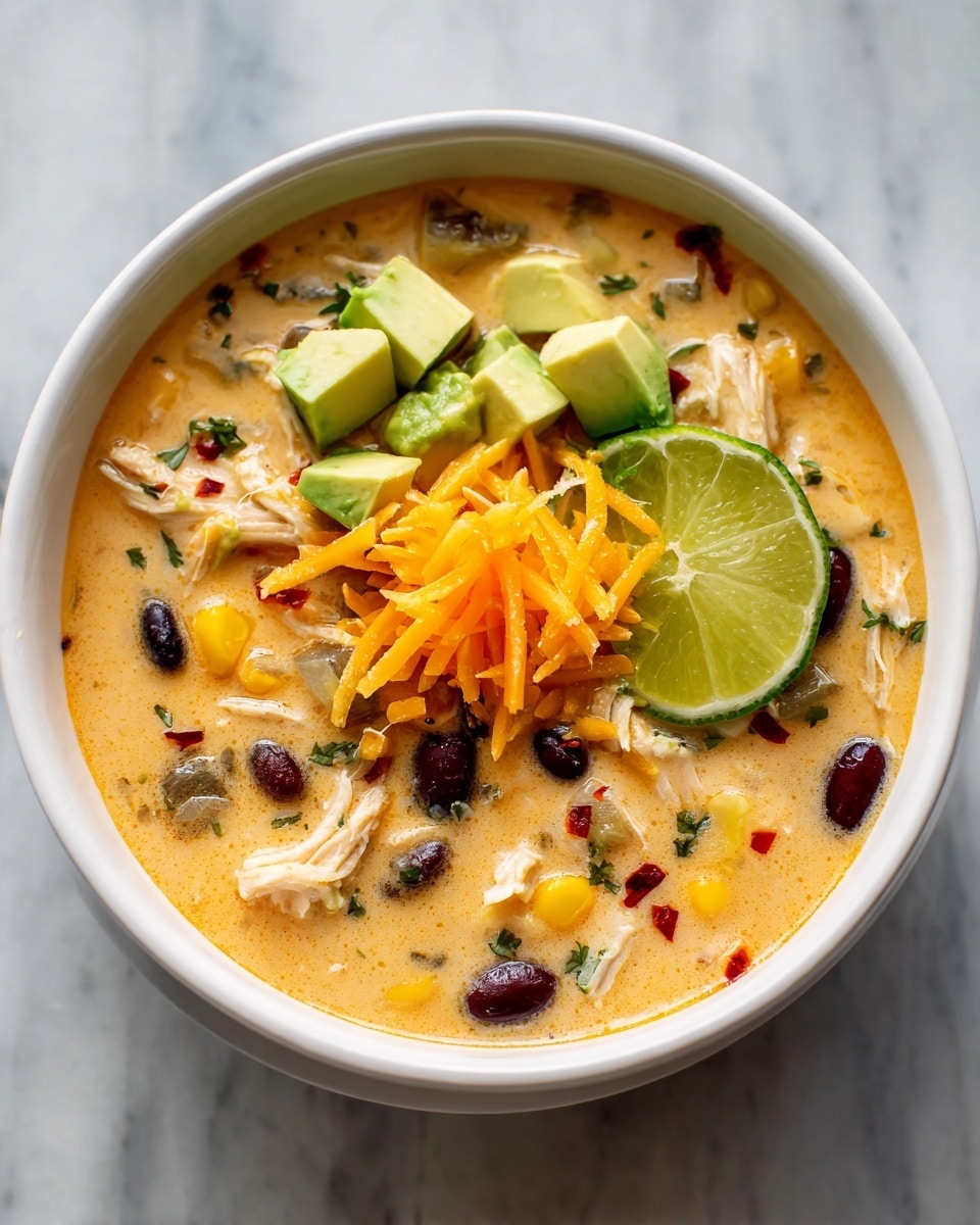 A white bowl filled with creamy orange soup with visible small red oil drops; inside the soup are chunks of white chicken, yellow corn kernels, black beans, and small green herbs. On top, there are sliced avocado pieces in the center, several lime wedges, shredded orange cheese, and sliced green jalapeños scattered. The bowl sits on a wooden table with lime wedges around it, and the background is a white marbled texture. photo taken with an iphone --ar 4:5 --v 7
